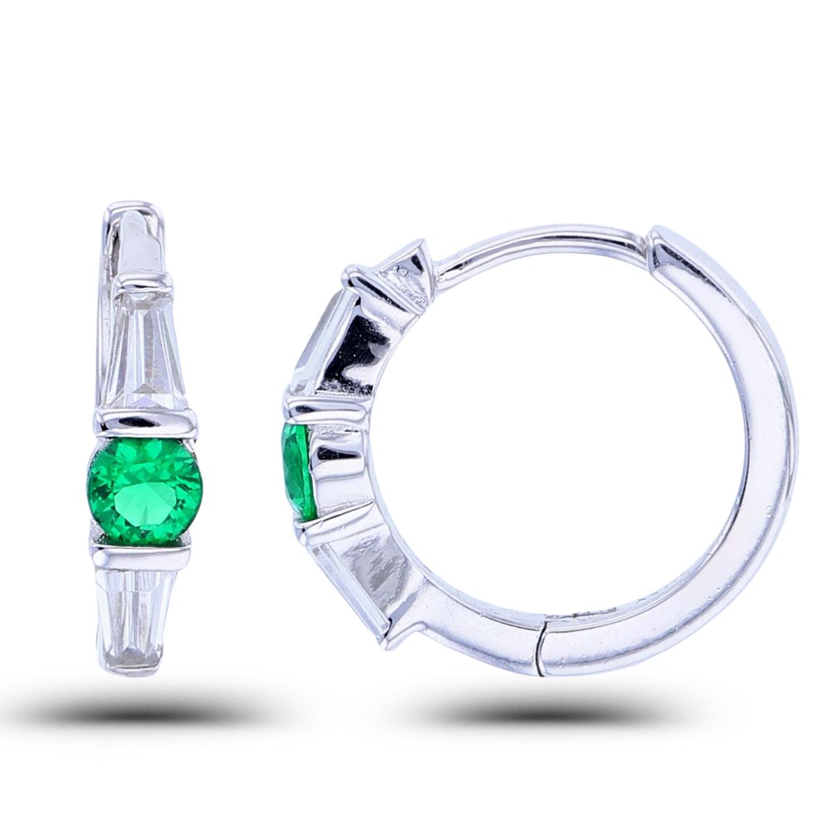 Sterling Silver Rhodium 3.5mm Rnd Emerald Stone  & 4x2.5x1.5mm TB White CZ Huggie Earrings