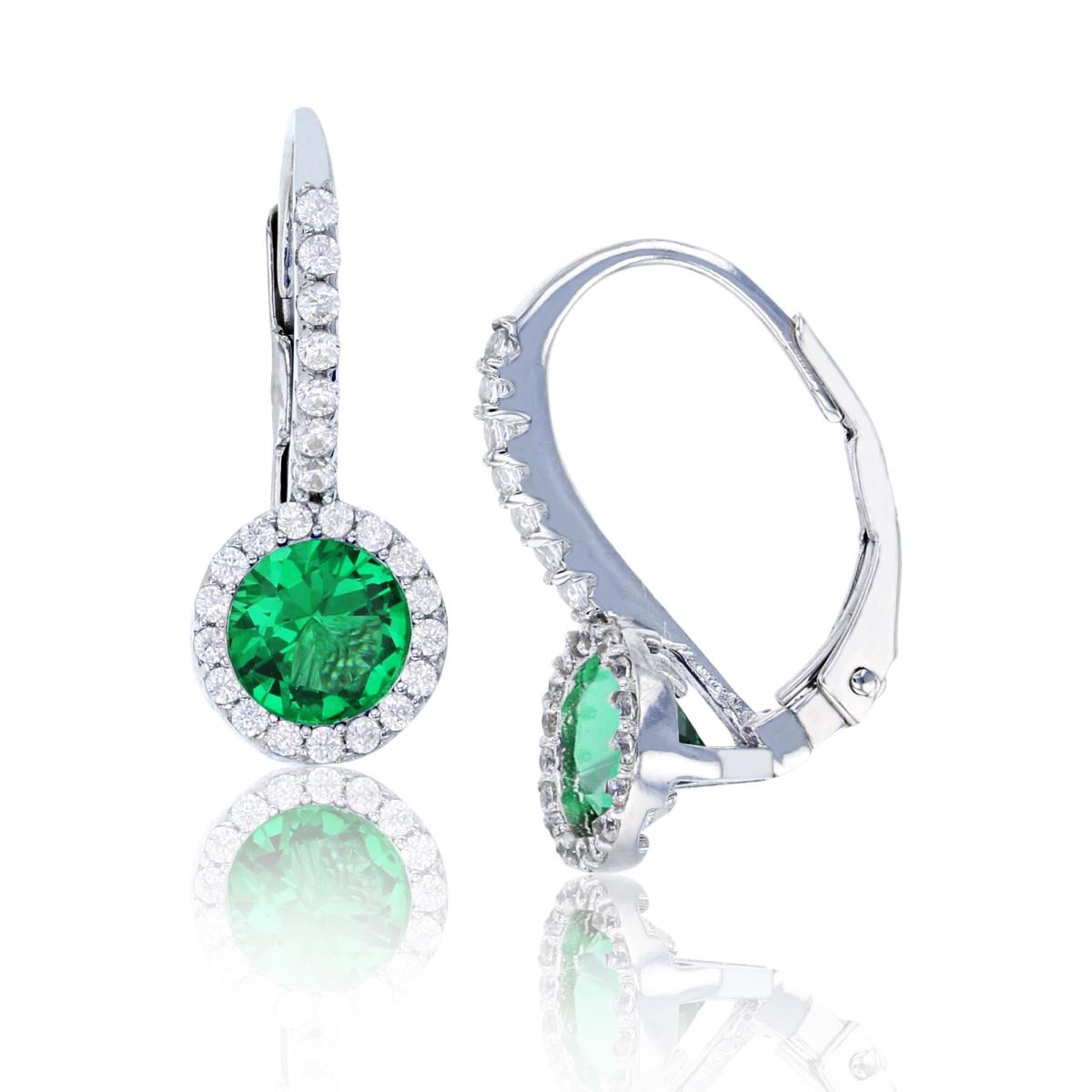 Sterling Silver Rhodium 6mm Green Round Cut Stone White Halo Lever Back Earring