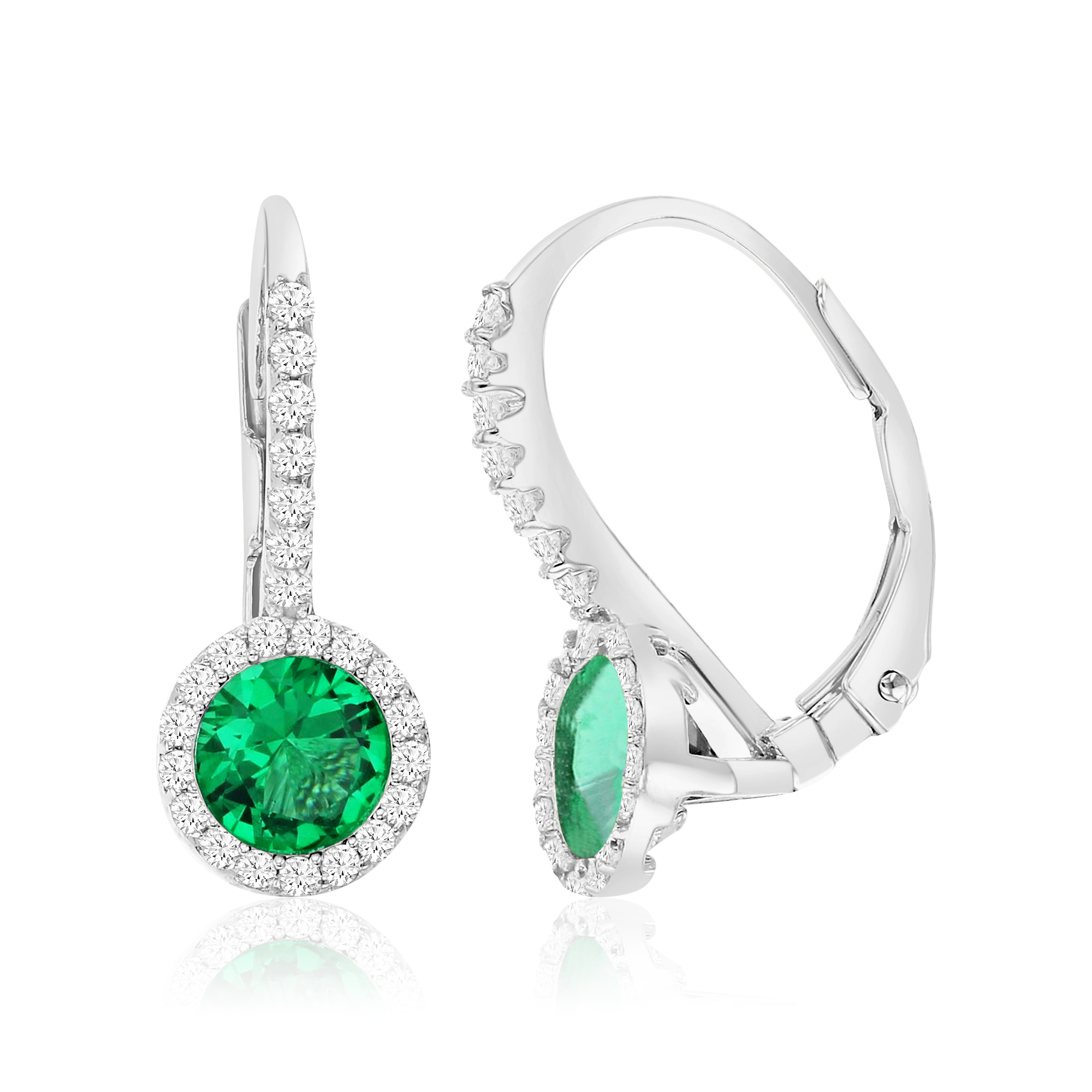 Sterling Silver Rhodium 6mm Green Round Cut Stone White Halo Lever Back Earring