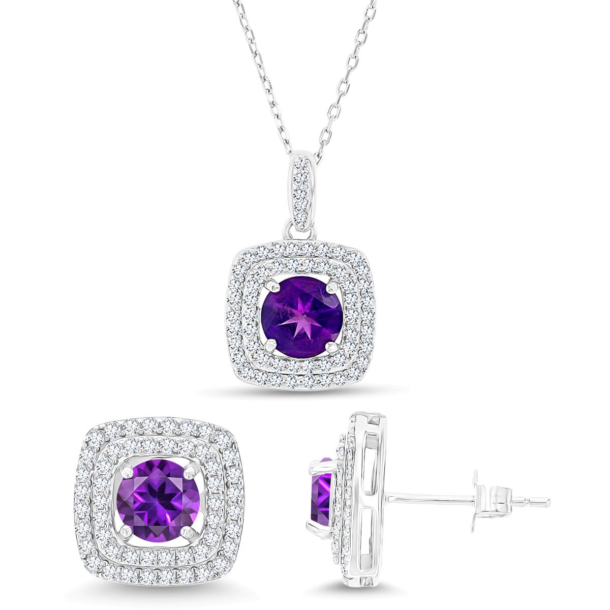 Sterling Silver Rhodium Amethyst /Cr White Sapphire Cushion Halo 16''+2'' Necklace & Earring Set 