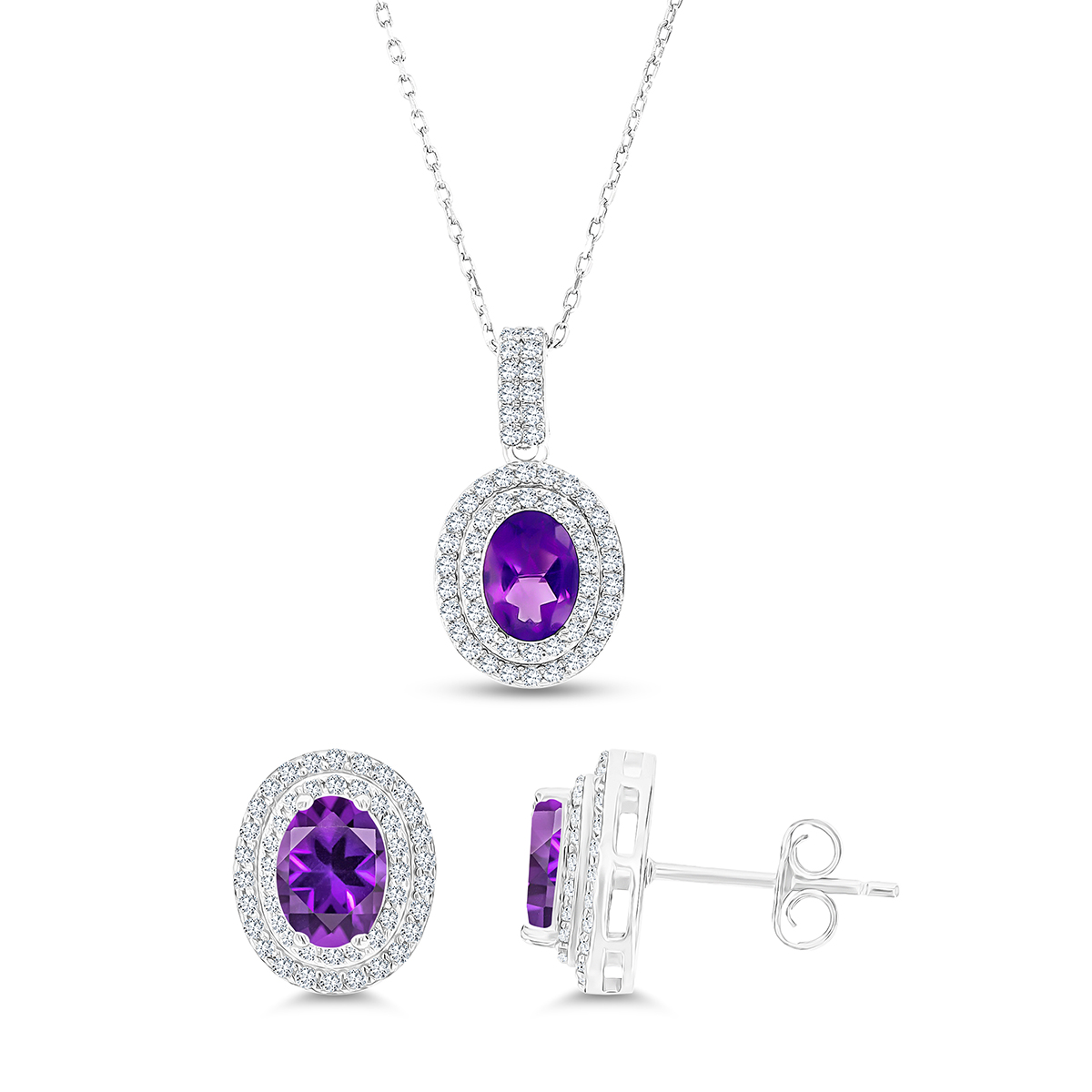 Sterling Silver Rhodium Oval Amethyst & Cr White Sapphire Halo 16''+2'' Necklace & Earring Set 