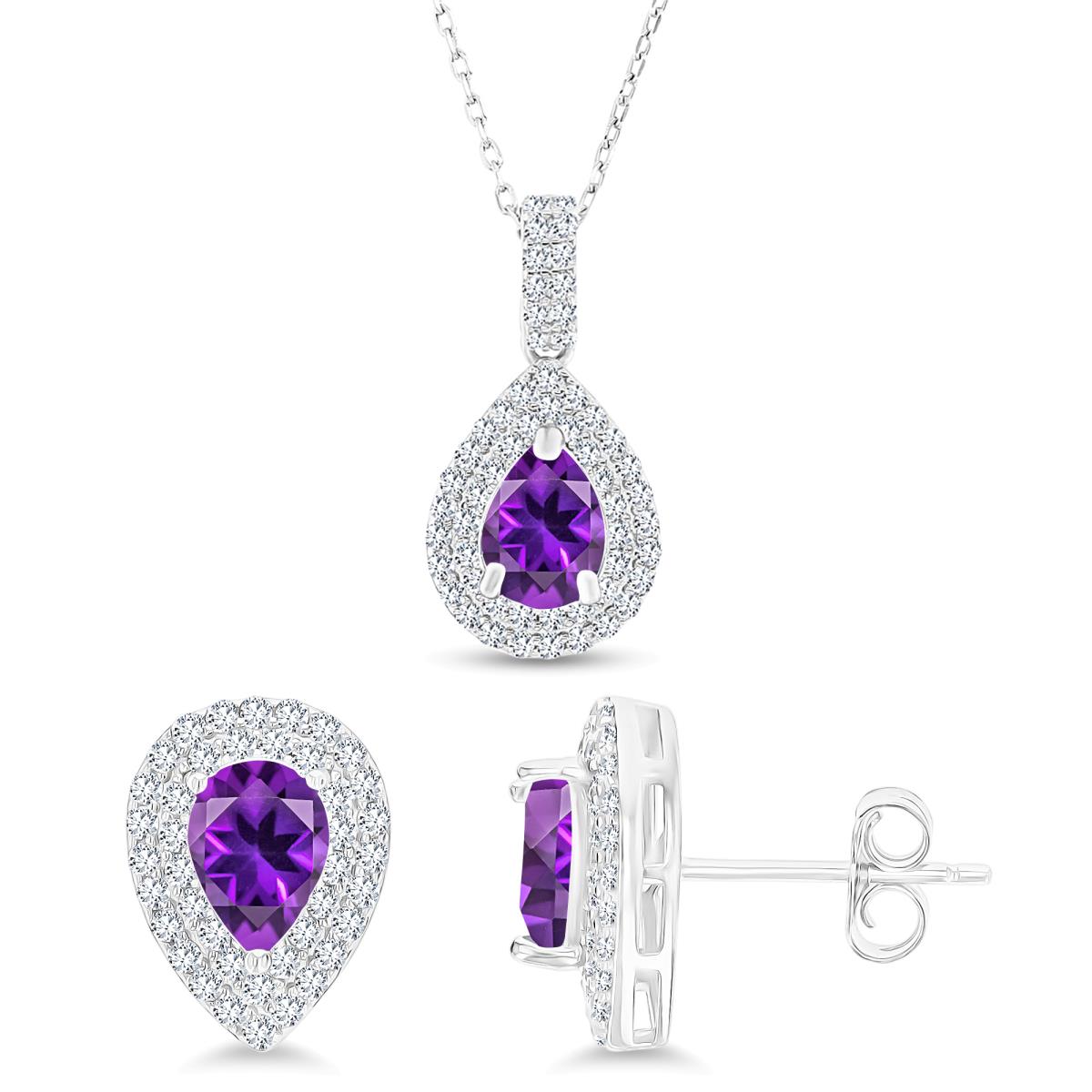 Sterling Silver Rhodium Ps Amethyst & Cr White Sapphire Halo 16''+2'' Necklace & Earring Set 