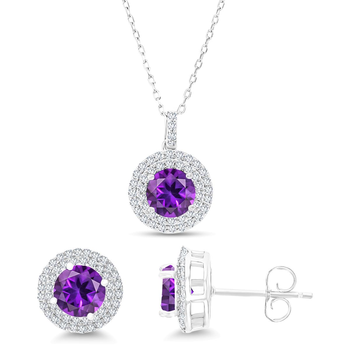 Sterling Silver Rhodium Rd Amethyst / Cr White Sapphire Halo 16''+2''Necklace & Earring Set