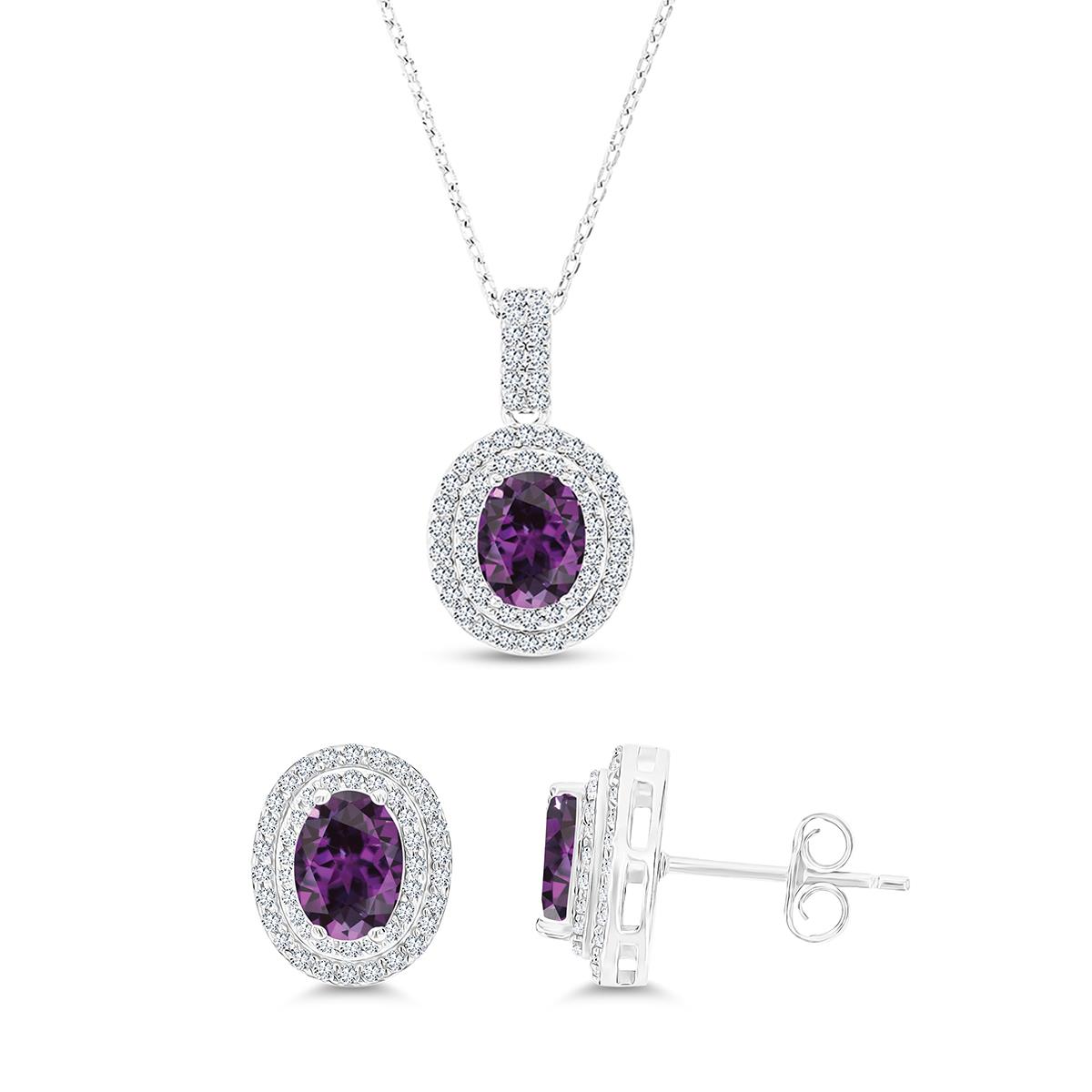 Sterling Silver Rhodium Oval Cr Alexandrite & Cr White Sapphire Halo 16''+2'' Necklace & Earring Set