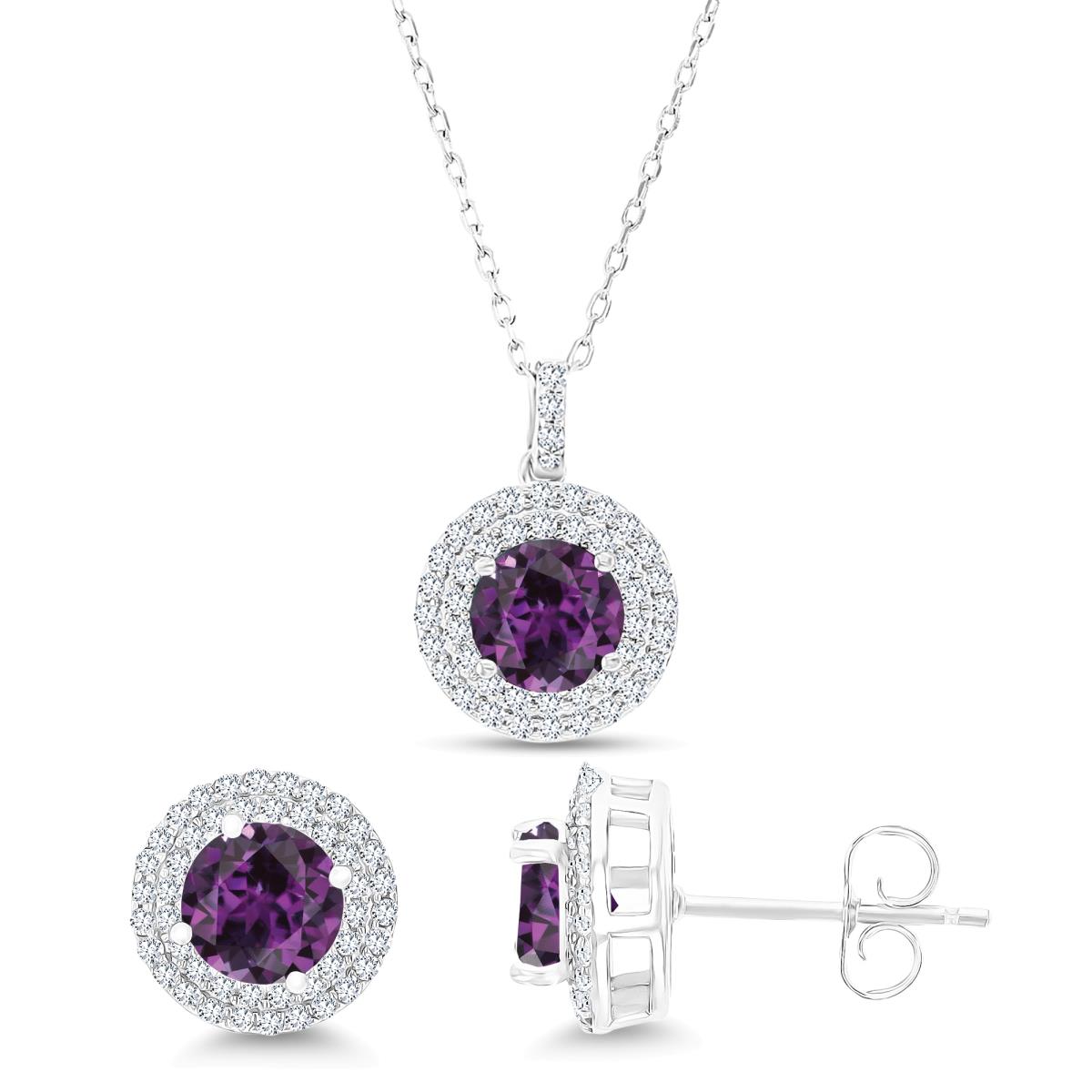 Sterling Silver Rhodium Rd Cr Alexandrite/Cr White Sapphire Halo 16''+2'' Necklace & Earring Set
