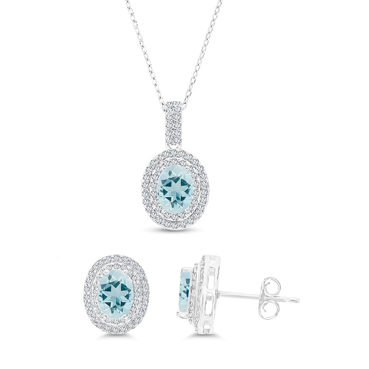 Sterling Silver Rhodium Oval Aquamarine/Cr White Sapphire Halo 16''+2'' Necklace & Earring Set 