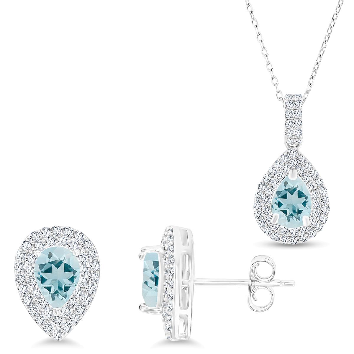 Sterling Silver Rhodium Ps Aquamarine/ Cr White Sapphire Halo 16''+2'' Necklace & Earring Set