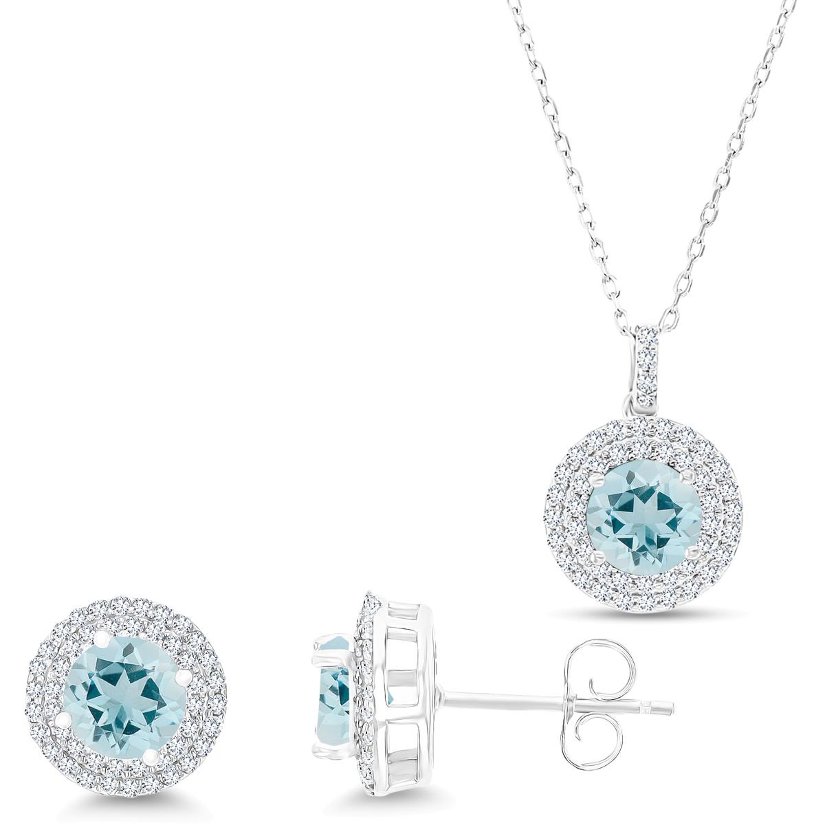 Sterling Silver Rhodium Rd Aquamarine/Cr White Sapphire Halo 16''+2'' Necklace & Earring Set