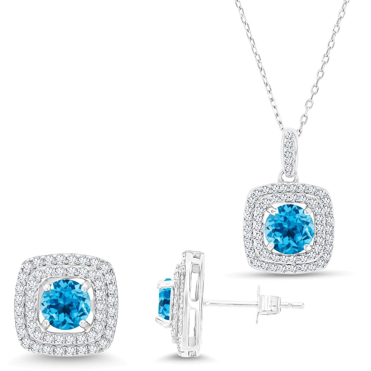 Sterling Silver Rhodium Rd Blue Topaz/Cr White Sapphire Halo 16''+2'' Necklace & Earring Set