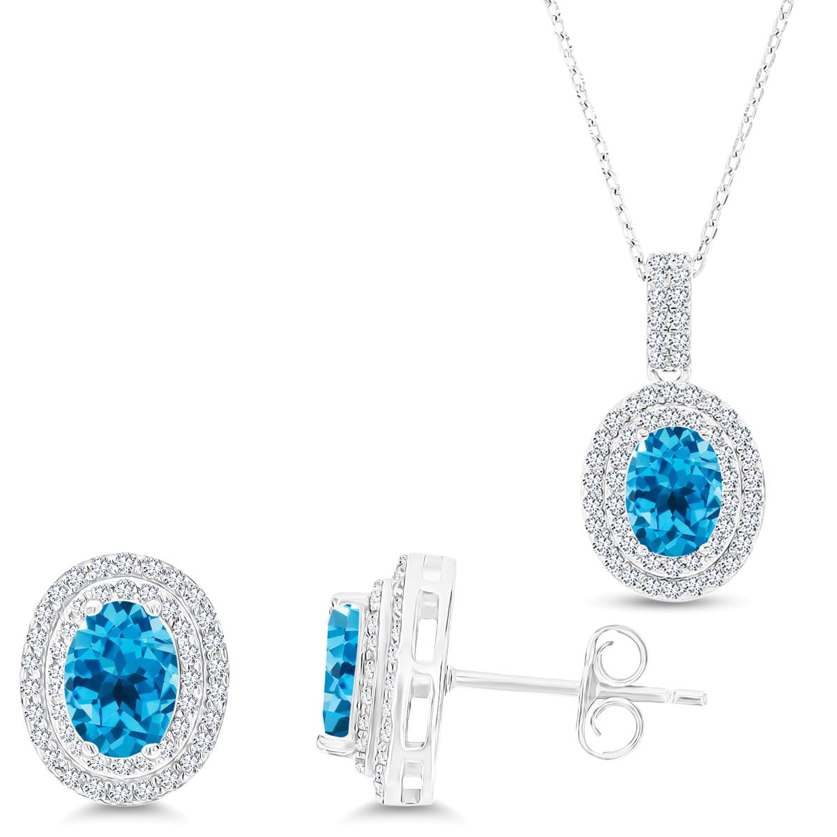 Sterling Silver Rhodium Oval Blue Topaz/Cr White Sapphire Halo 16''+2'' Necklace & Earring Set 