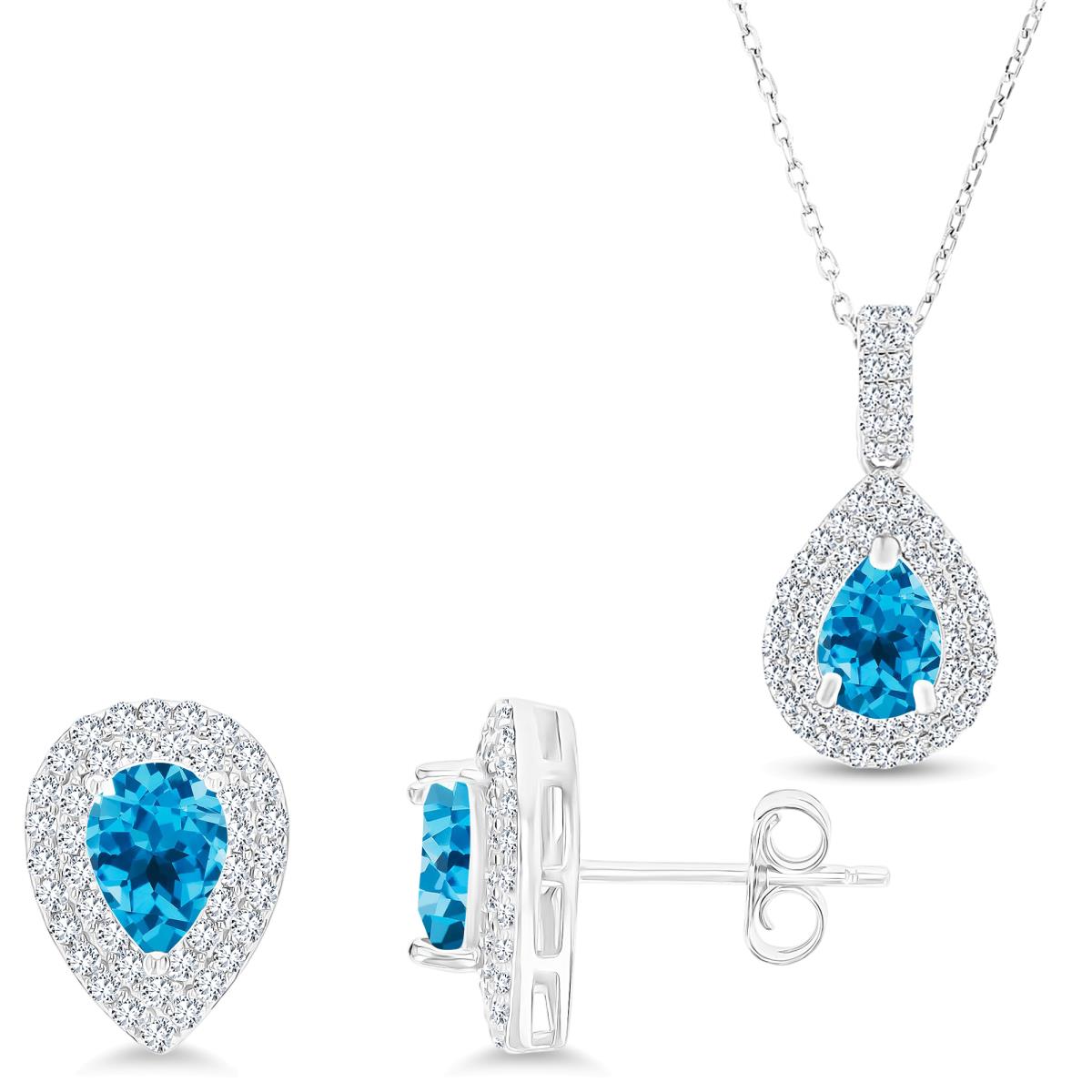 Sterling Silver Rhodium PS Blue Topaz/Cr White Sapphire Halo 16''+2'' Necklace & Earring Set