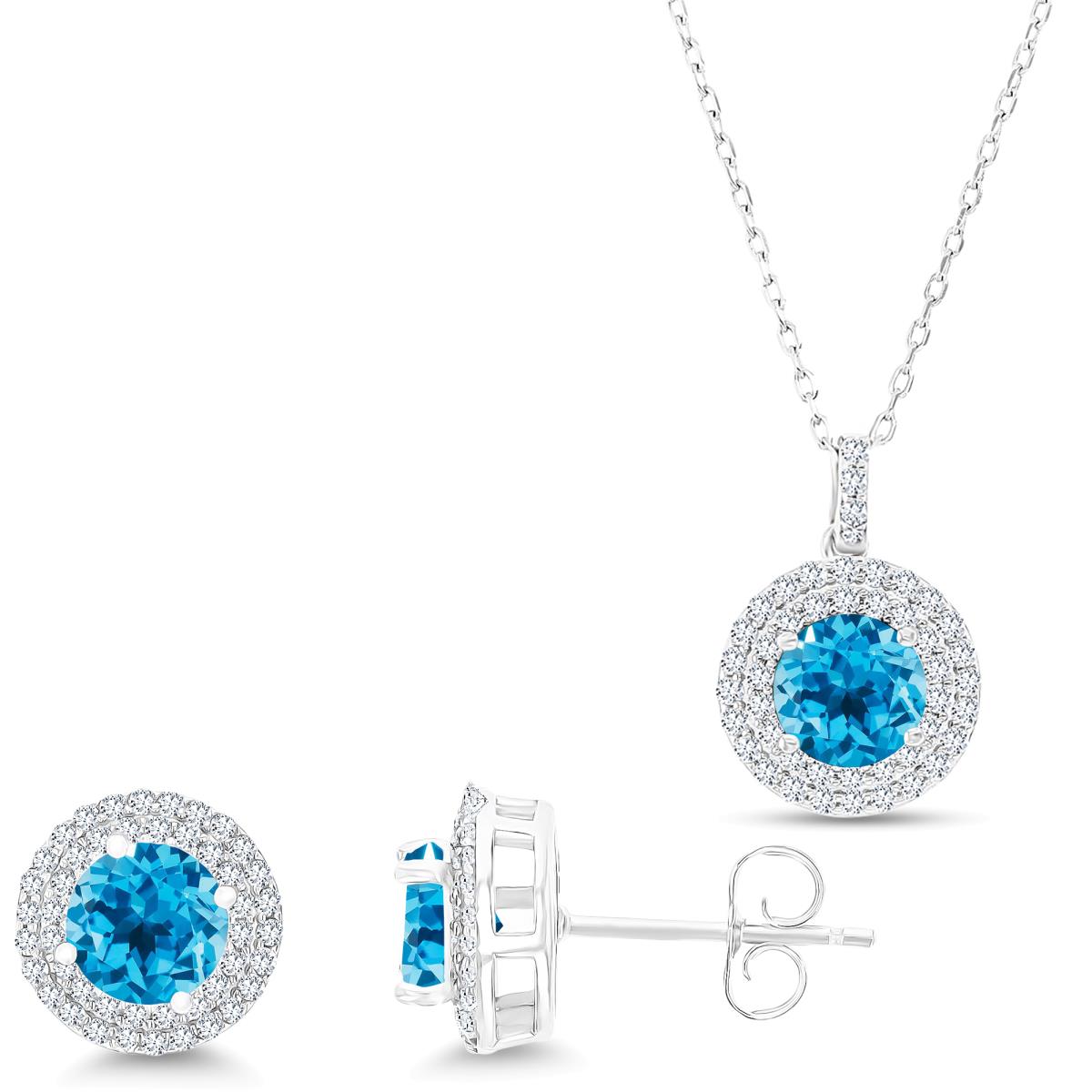 Sterling Silver Rhodium Rd Blue Topaz/Cr Blue Sapphire Halo 16''+2'' Necklace & Earring Set