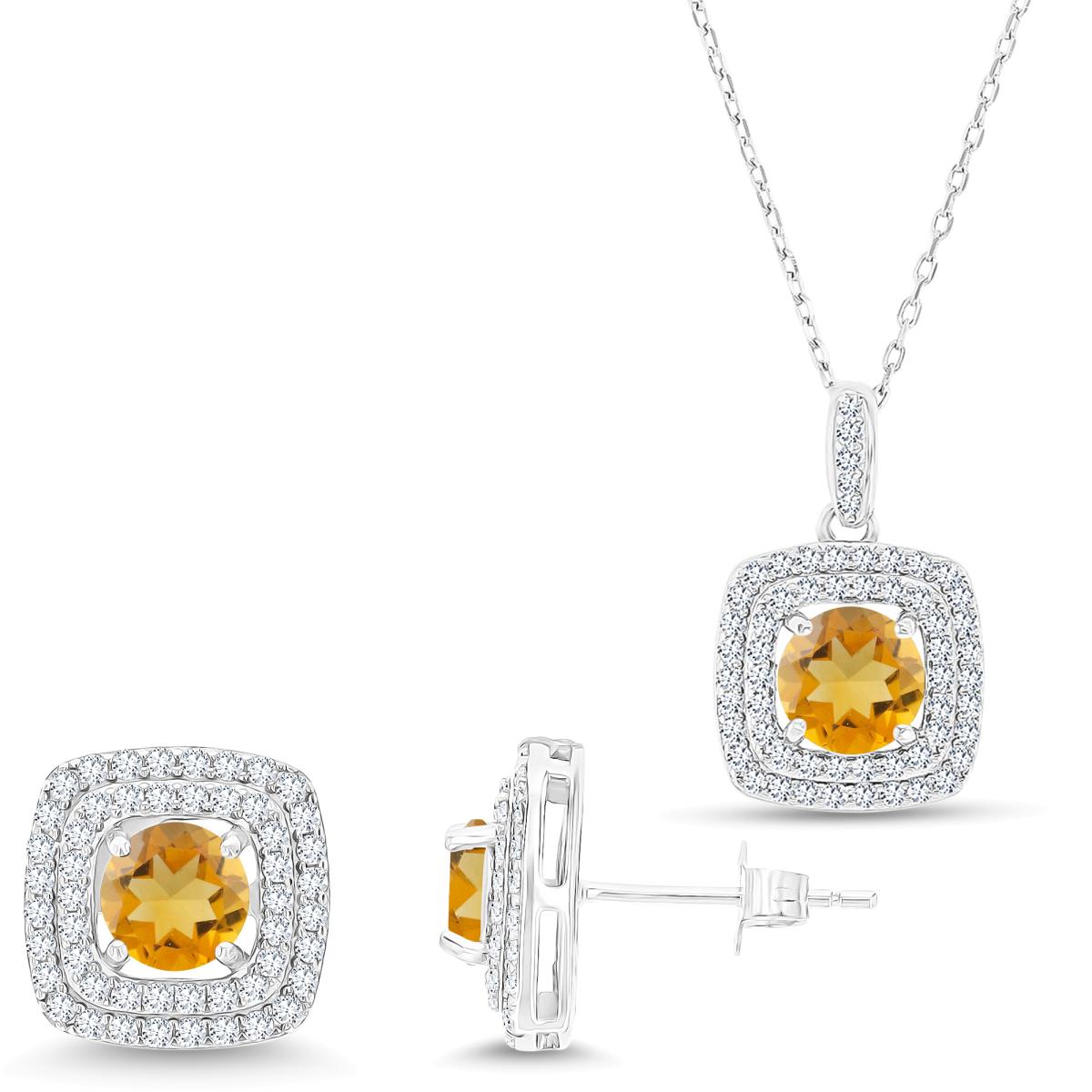 Sterling Silver Rhodium Rd Citrine/Cr White Sapphire Cushion Double Halo 16''+2'' Necklace & Earring Set