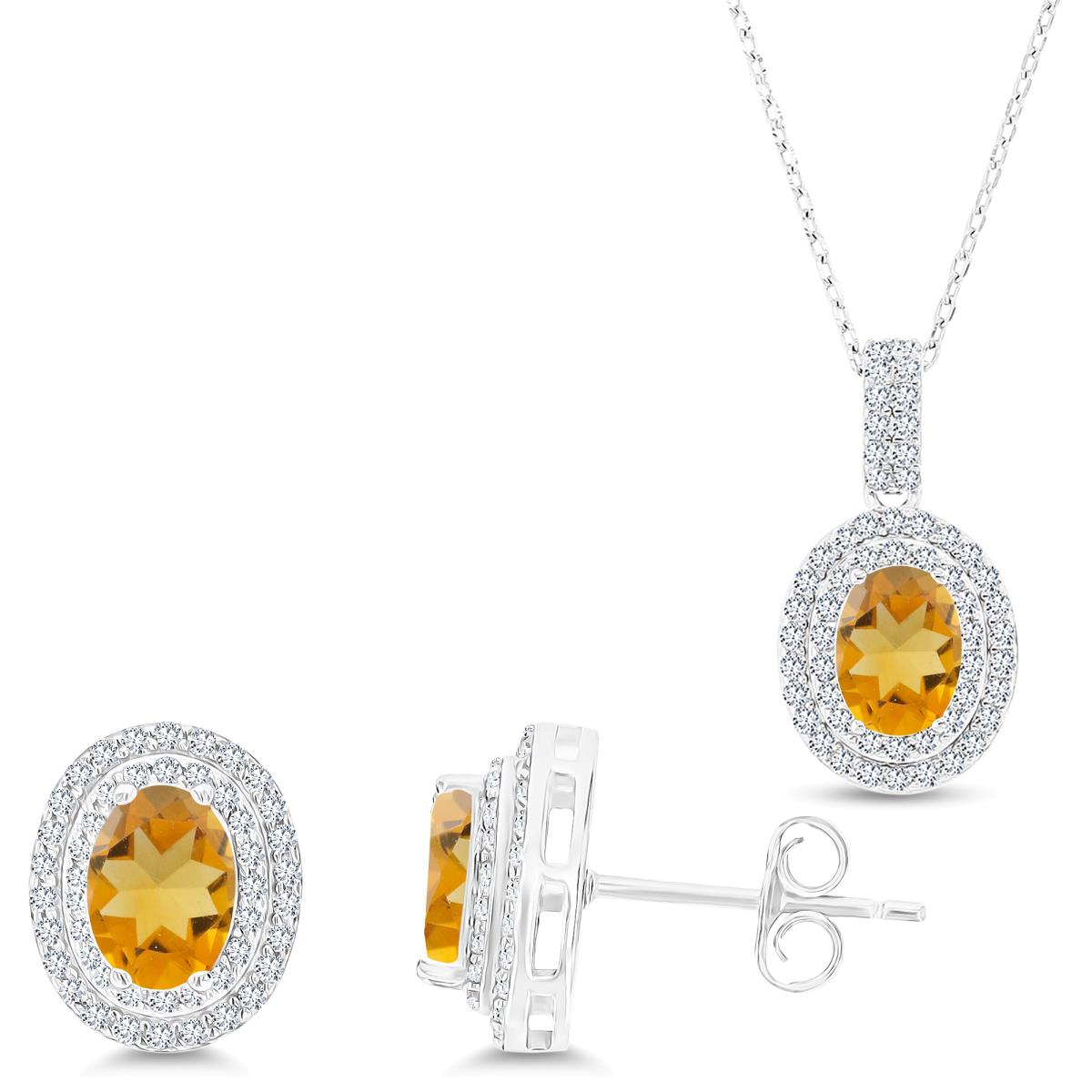 Sterling Silver Rhodium Oval Citrine & Cr White Sapphire Halo 16''+2''Necklace & Earring Set