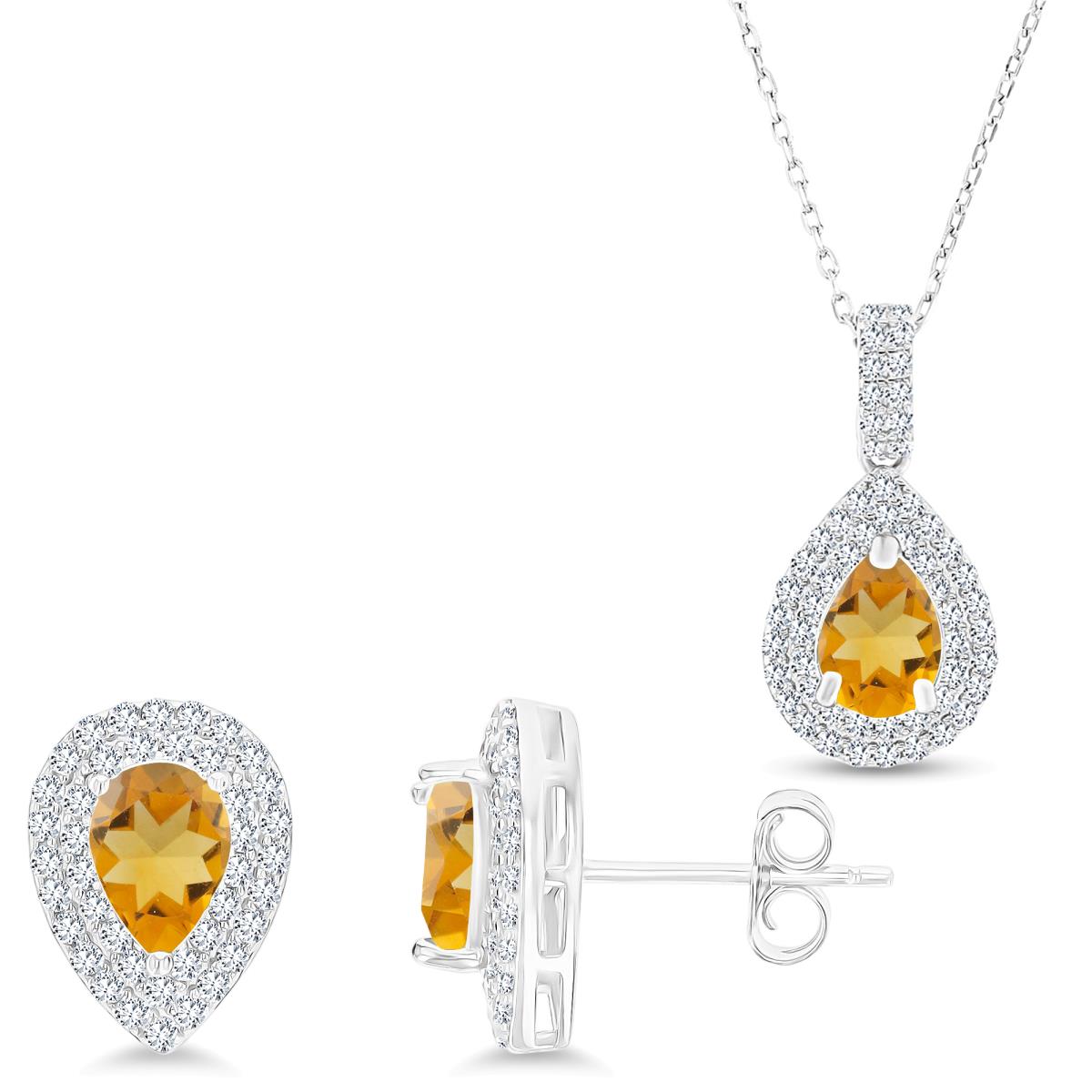 Sterling Silver Rhodium PS Citrine/Cr White Sapphire Double Halo Necklace 16''+2''& Earring Set 