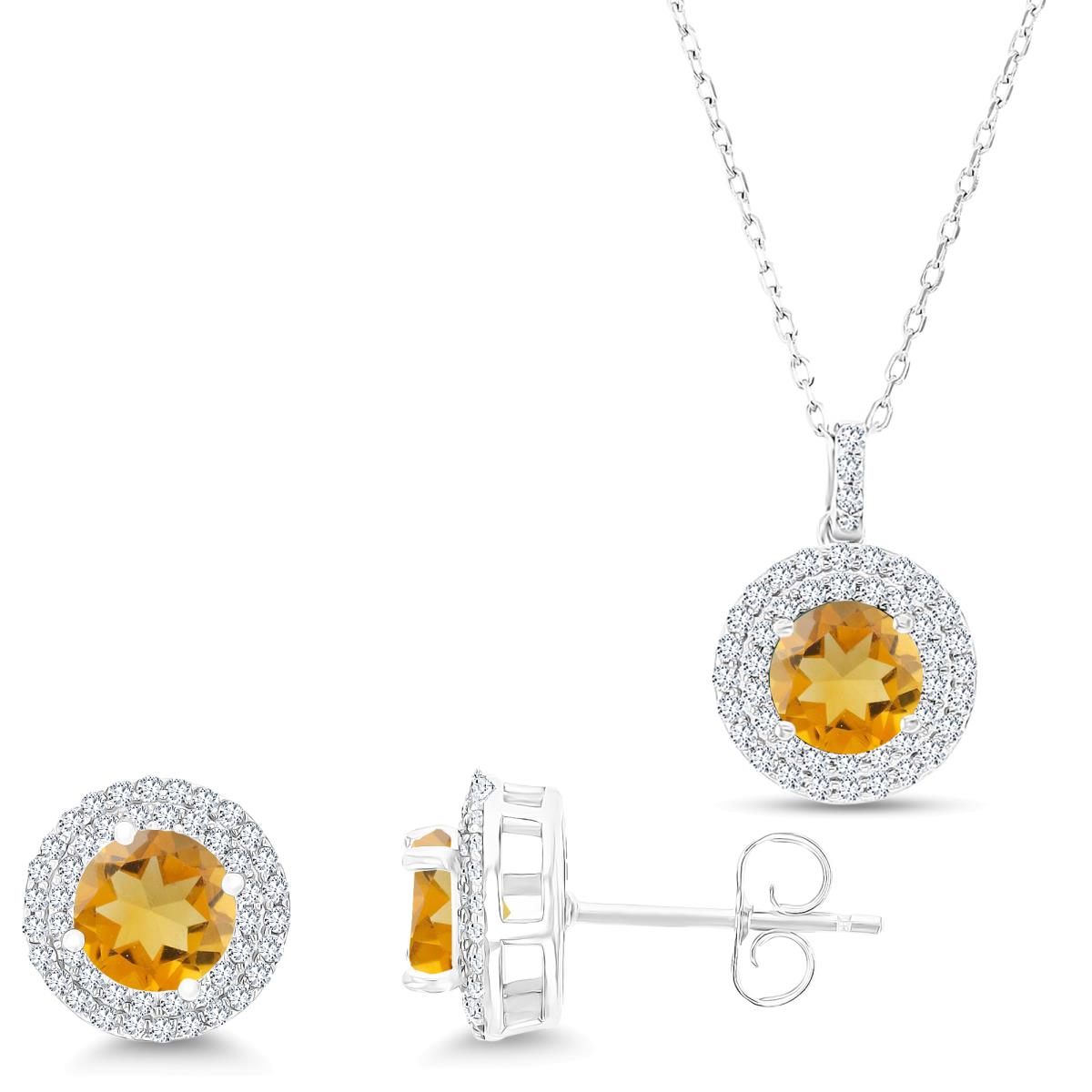 Sterling Silver Rhodium Rd Citrine/Cr White Sapphir Double Halo 16''+2''Necklace & Earring Set