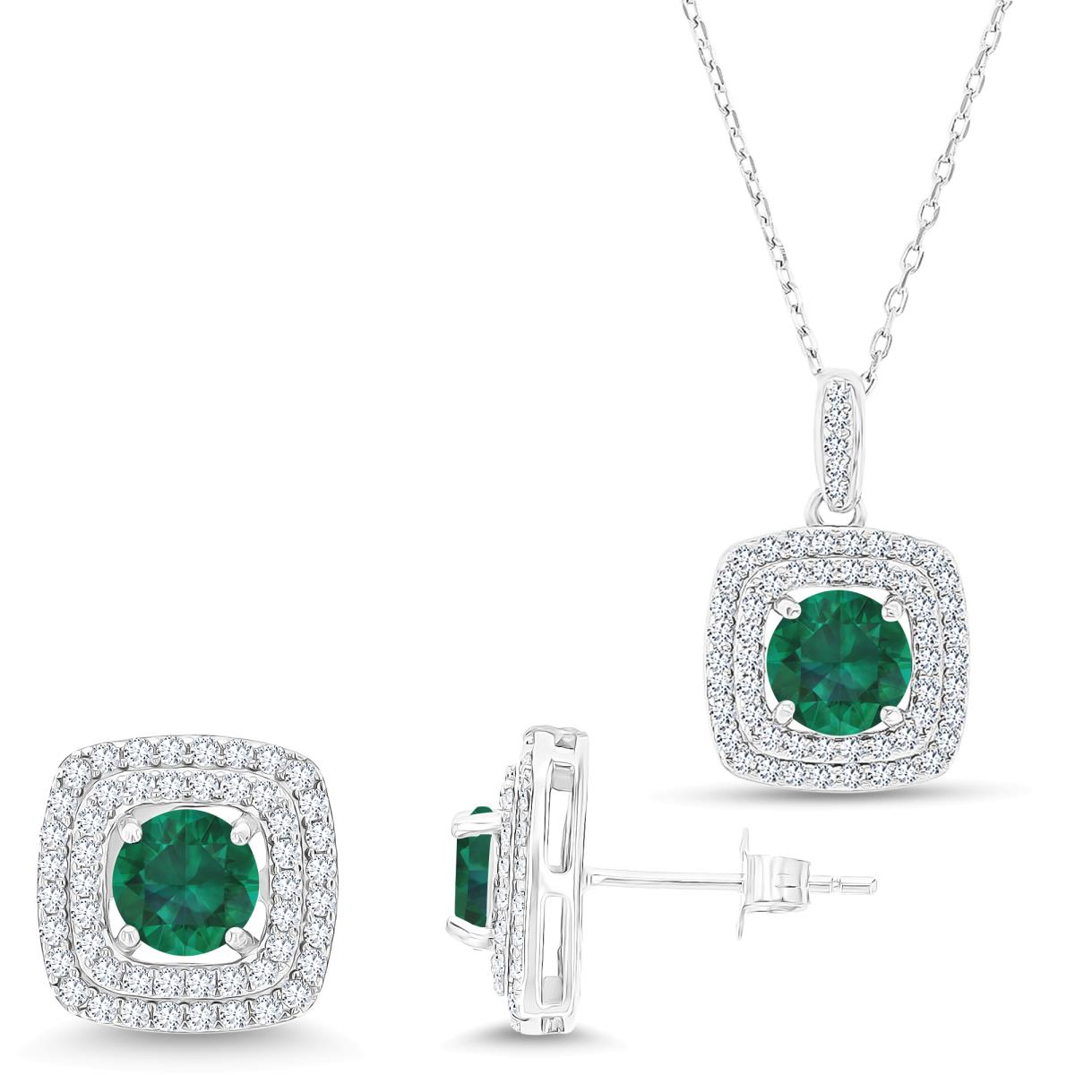 Sterling Silver Rhodium Rd Cr Emerald/Cr White Sapphire Cushion Double Halo Necklace 16''+2'' & Earring Set