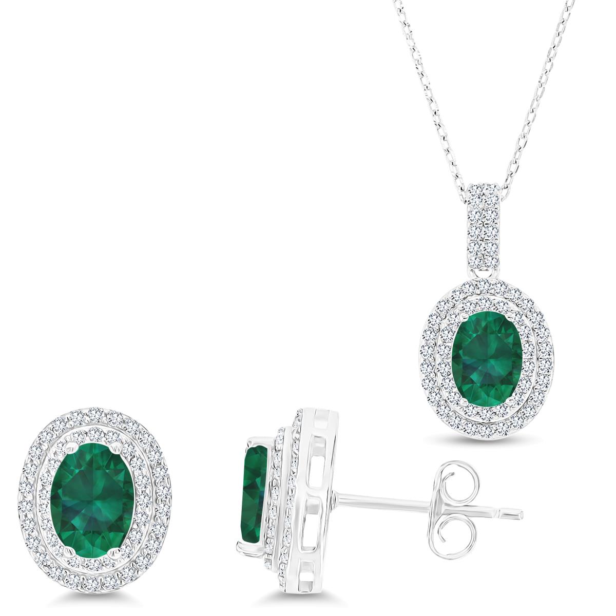 Sterling Silver Rhodium Oval Cr Emerald /Cr White Sapphire Halo 16''+2''Necklace & Earring Set