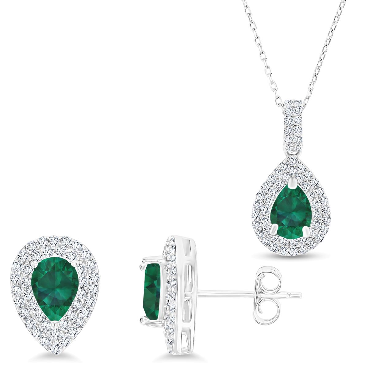 Sterling Silver Rhodium PS Cr Emerald /Cr White Sapphire Double Halo 16''+2''Necklace & Earring Set