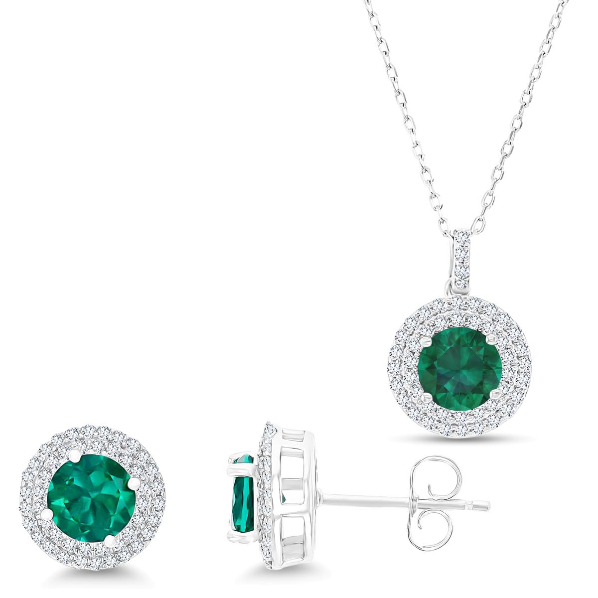 Sterling Silver Rhodium Rd Cr Emerald /Cr White Sapphire Double Halo 16''+2''Necklace & Earring Set