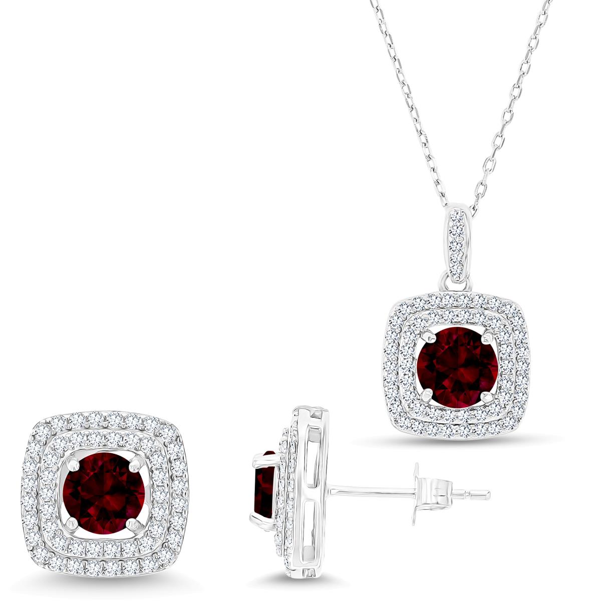 Sterling Silver Rhodium Rd Garnet /Cr White Sapphire Cushion Double Halo 16''+2''Necklace & Earring Set