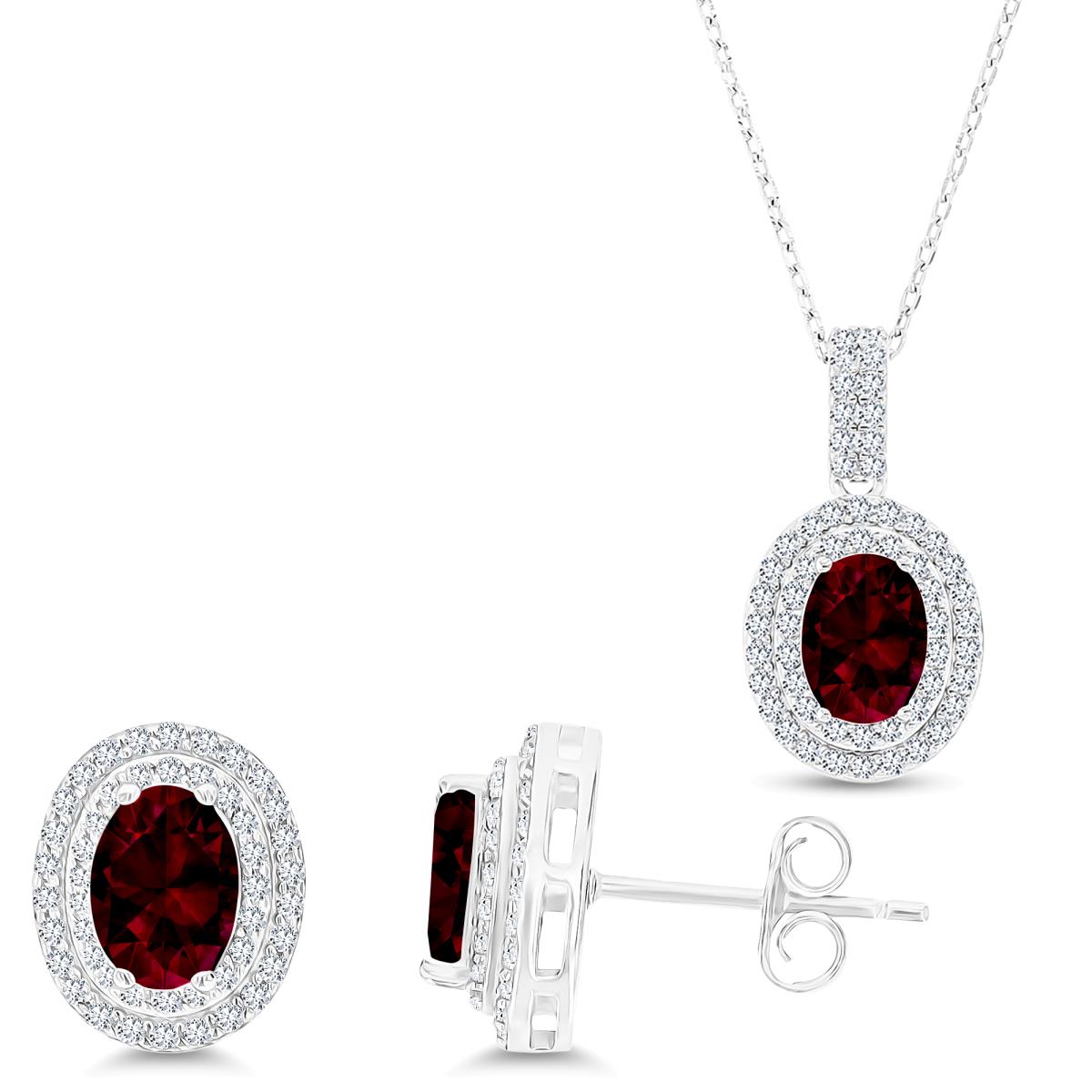 Sterling Silver Rhodium Oval Garnet /Cr White Sapphire Halo 16''+2'' Necklace & Earring Set