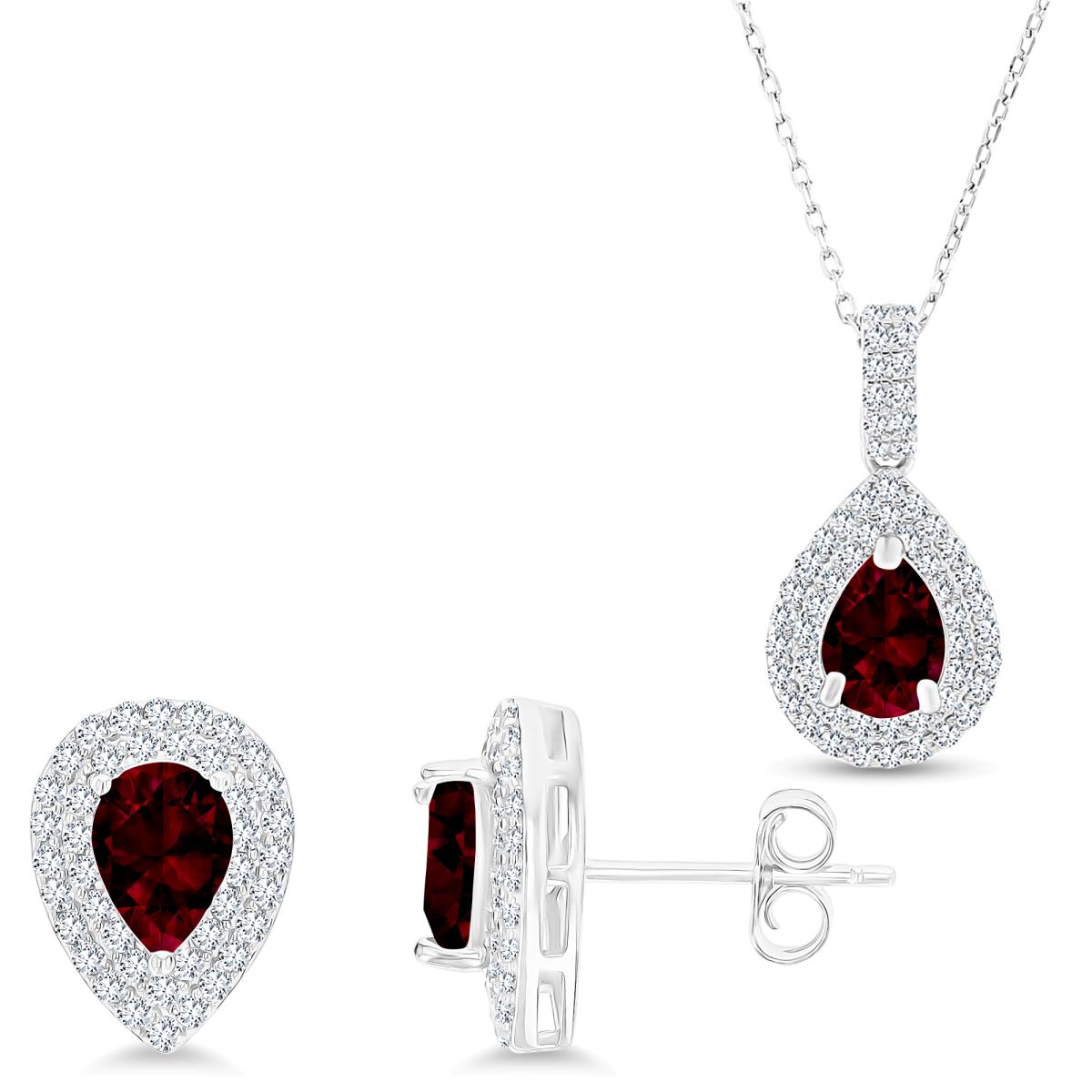 Sterling Silver Rhodium PS Garnet /Cr White Sapphire Double Halo 16''+2''Necklace & Earring Set 
