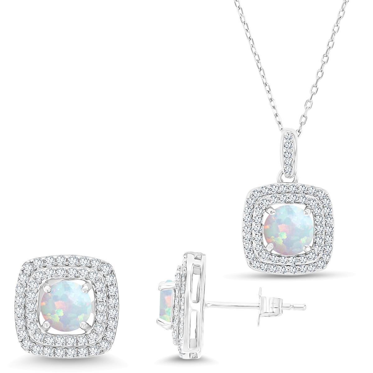 Sterling Silver Rhodium Rd Cr Opal/ Cr White Sapphire Cushion Double Halo 16''+2'' Necklace & Earring Set
