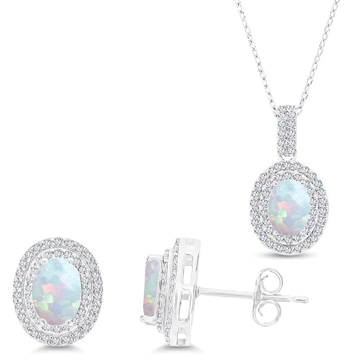 Sterling Silver Rhodium Oval Cr Opal /Cr White Sapphire Halo 16''+2'' Necklace & Earring Set