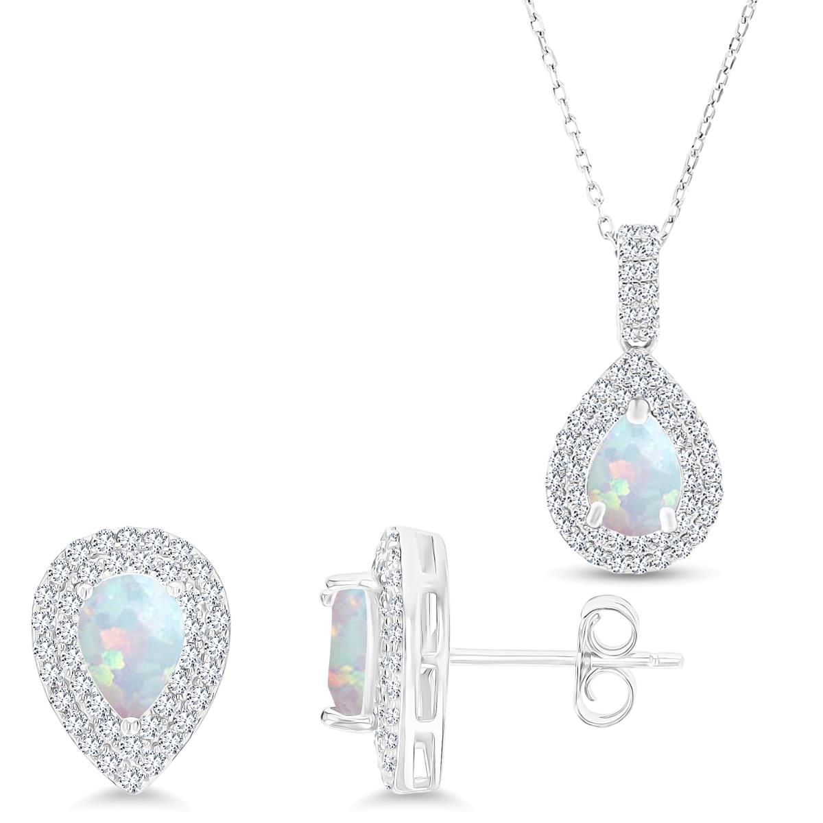 Sterling Silver Rhodium PS Cr Opal/Cr White Sapphire Halo 16''+2'' Necklace & Earring Set