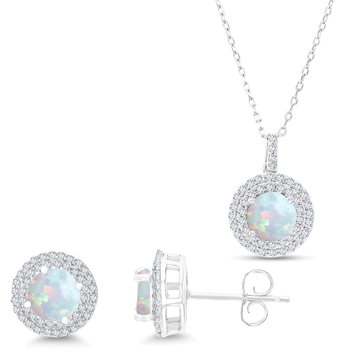 Sterling Silver Rhodium Rd Cr Opal/Cr White Sapphire Halo 16''+2''Necklace & Earring Set