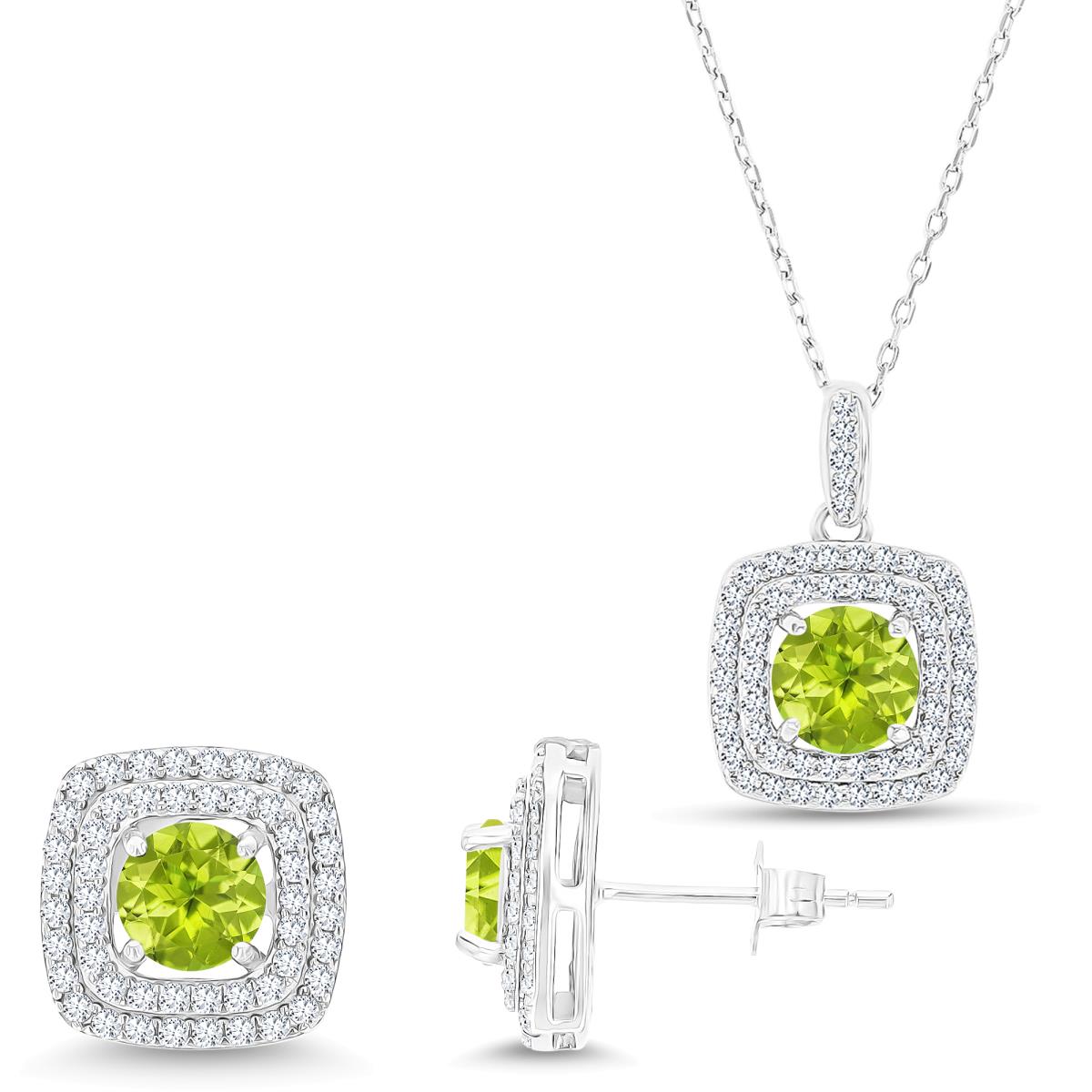 Sterling Silver Rhodium Rd Peridot/ Cr White Sapphire Cushion Halo 16''+2'' Necklace & Earring Set