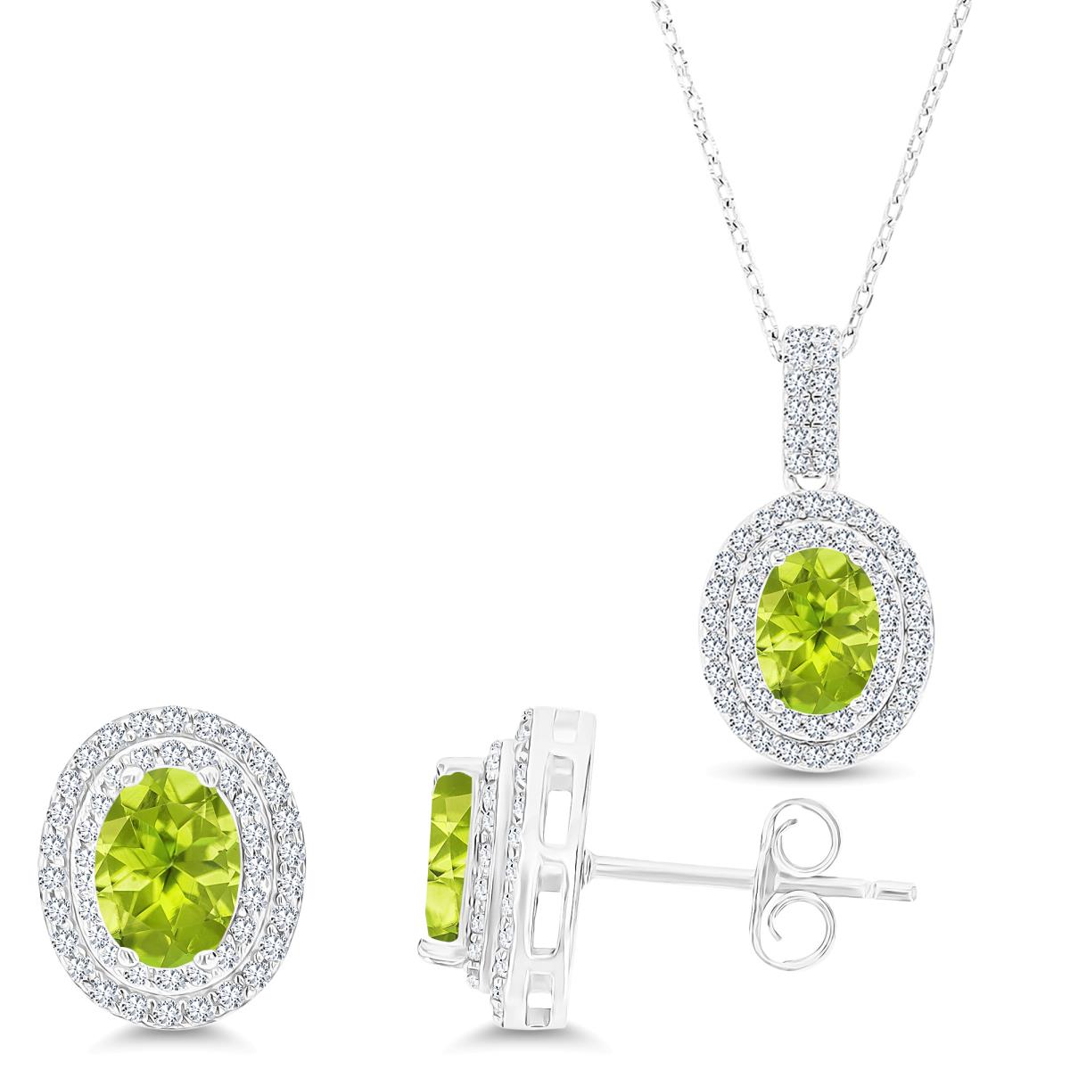 Sterling Silver Rhodium Oval Peridot/Cr White Saphire Halo 16''+2'' Necklace & Earring Set