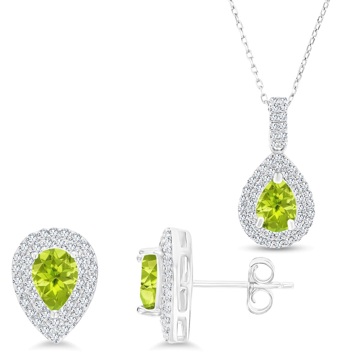 Sterling Silver Rhodium PS Peridot/Cr White Sapphire Halo 16''+2'' Necklace & Earring Set