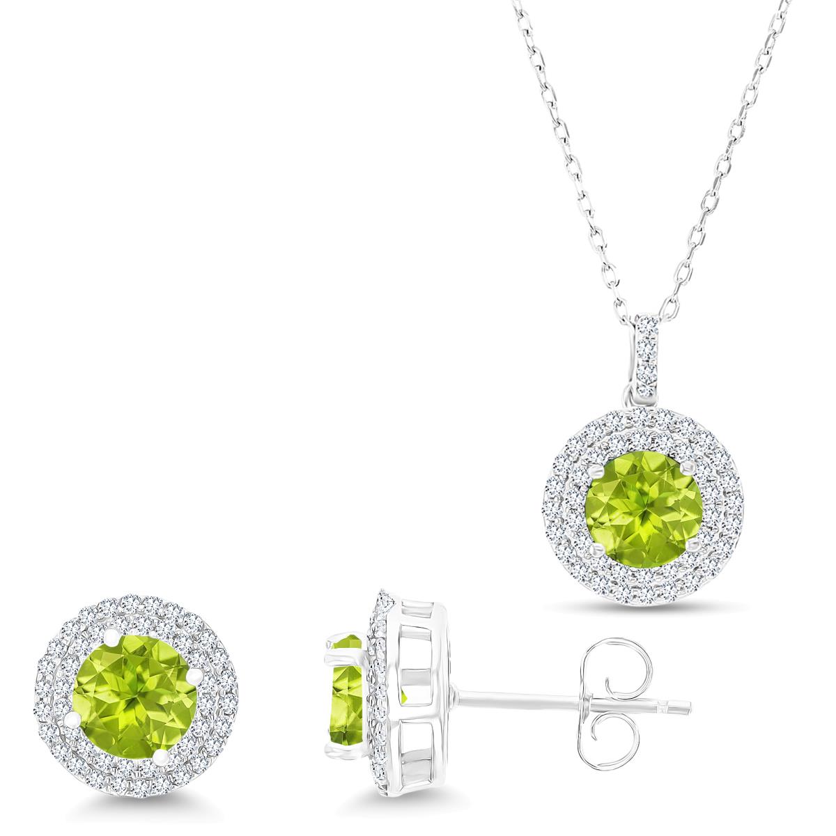 Sterling Silver Rhodium Rd Peridot/Cr White Sapphire Halo 16''+2'' Necklace & Earring Set