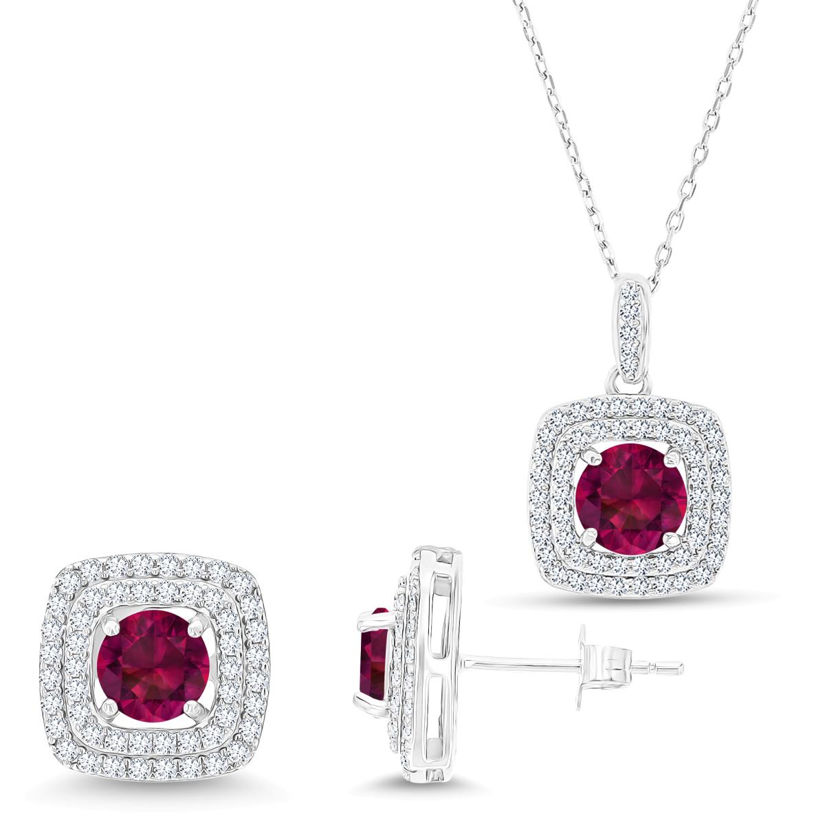 Sterling Silver Rhodium Rd Cr Ruby/ Cr White Sapphire Cushion Halo Necklace & Earring Set