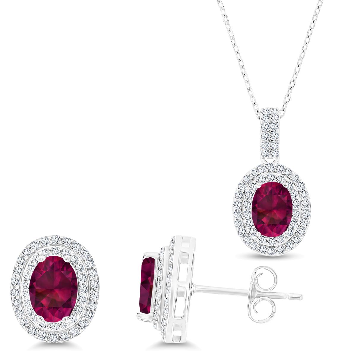 Sterling Silver Rhodium Oval Cr Ruby /Cr White Sapphire Halo 16''+2''Necklace & Earring Set