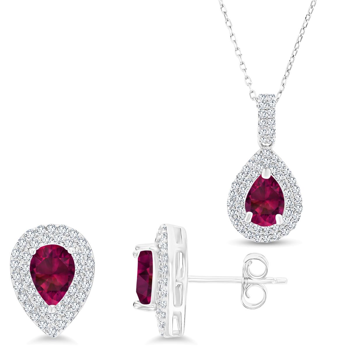 Sterling Silver Rhodium PS Cr Ruby/ Cr White Sapphire Halo 16''+2'' Necklace & Earring Set
