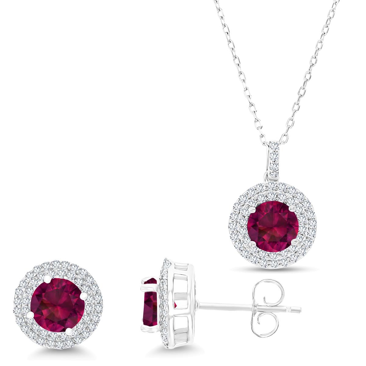 Sterling Silver Rhodium Rd Cr Ruby/ Cr White Sapphire Halo 16''+2'' Necklace & Earring Set 