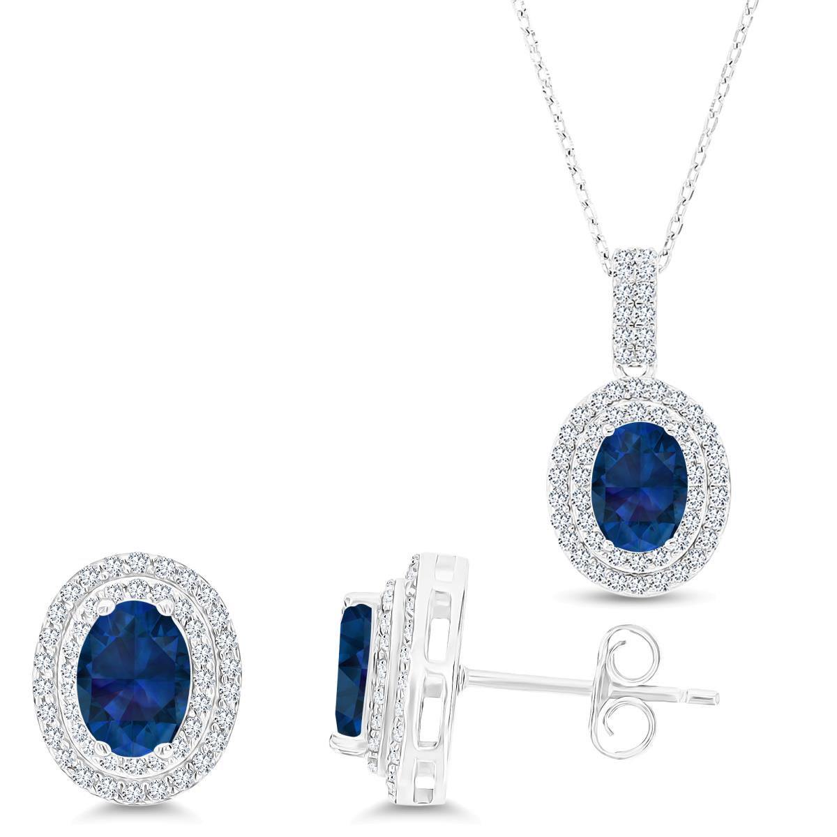 Sterling Silver Rhodium Oval Cr Blue Sapphire & Cr White Sapphire Halo 16''+2'' Necklace & Earring Set