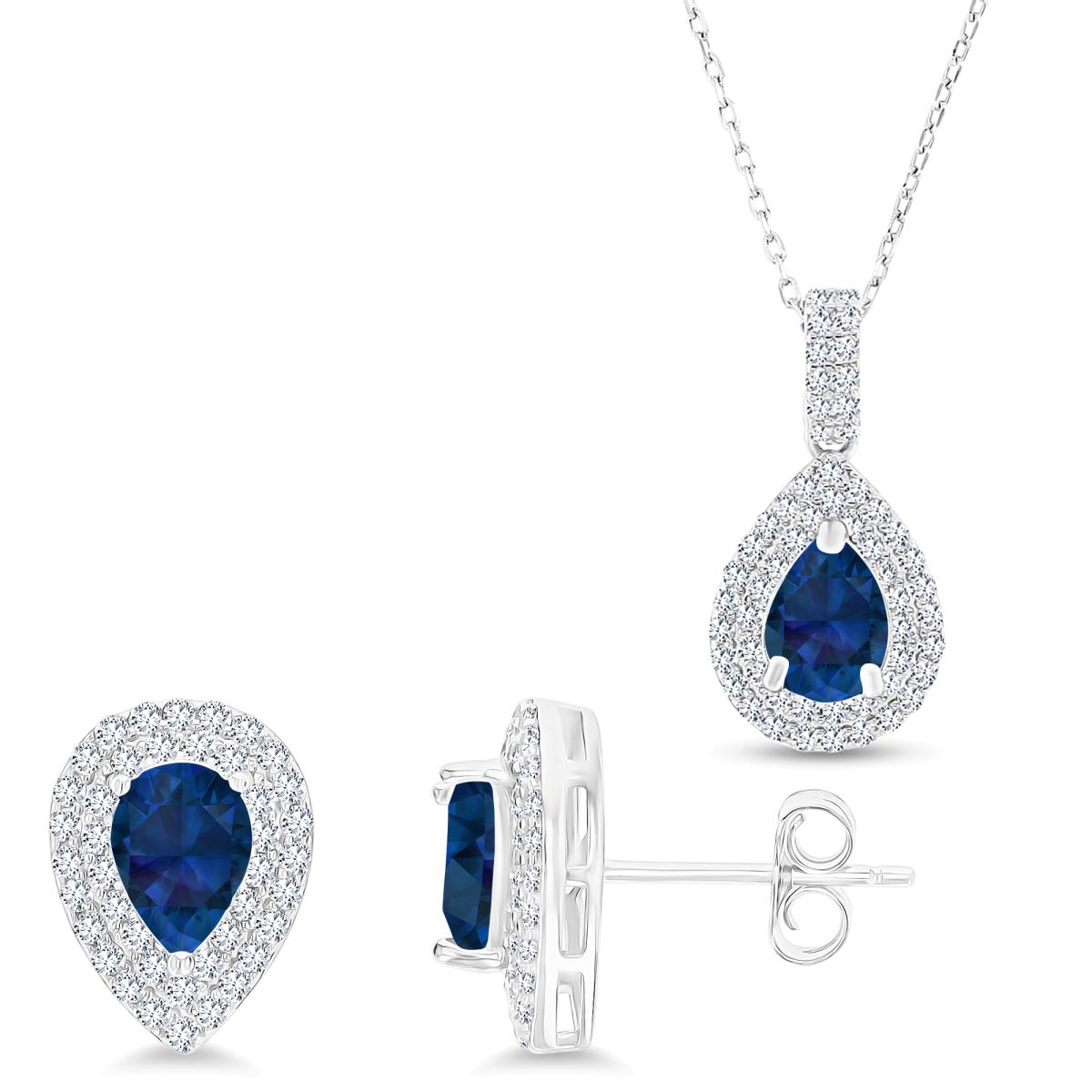 Sterling Silver Rhodium Ps Cr Blue Sapphire/Cr White Sapphire Halo 16''+2'' Necklace & Earring Set