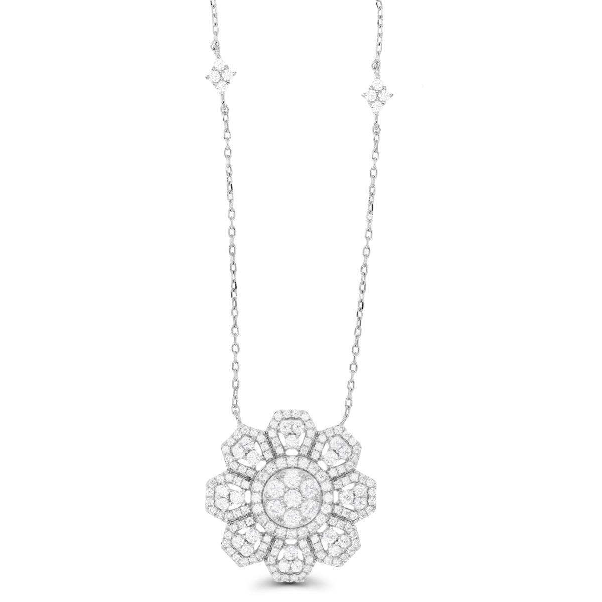 Sterling Silver Rhodium & White CZ Flower Station 18+2" Necklace