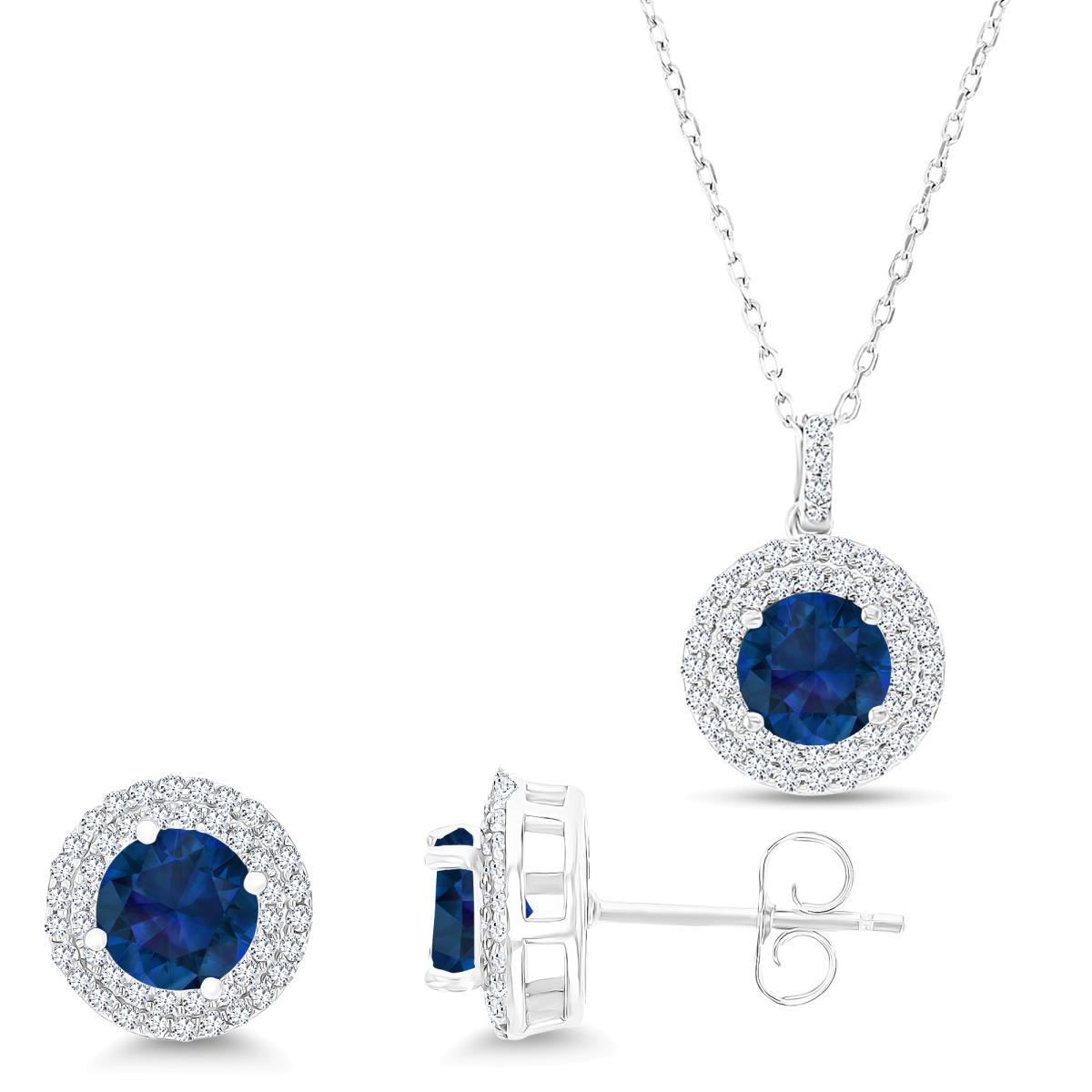 Sterling Silver Rhodium Rd Cr Blue Sapphire/ Cr White Sapphire Halo 16''+2'' Necklace & Earring Set