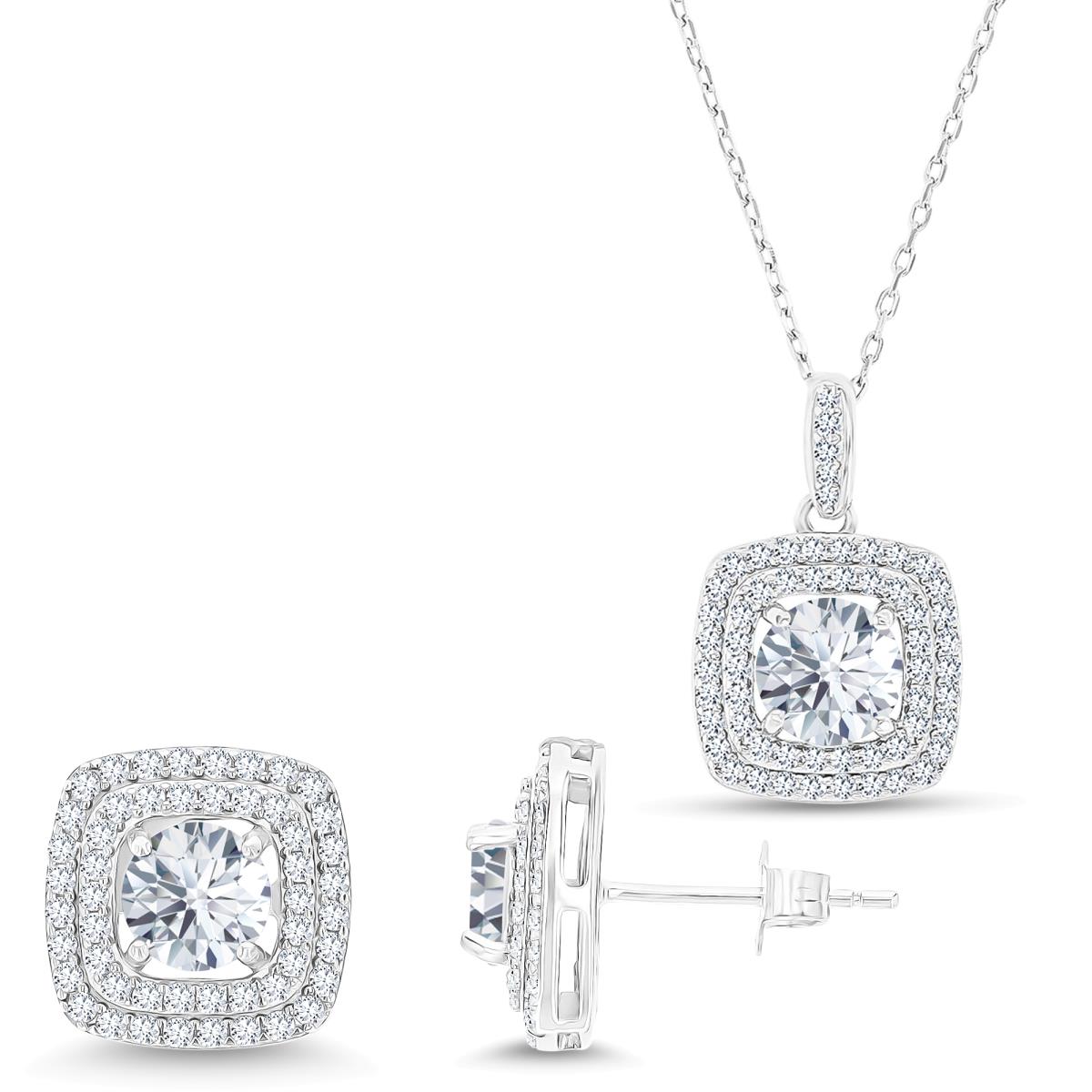 Sterling Silver Rhodium Rd White Topaz/ Cr White Sapphire Cushion Halo 16''+2'' Necklace & Earring Set