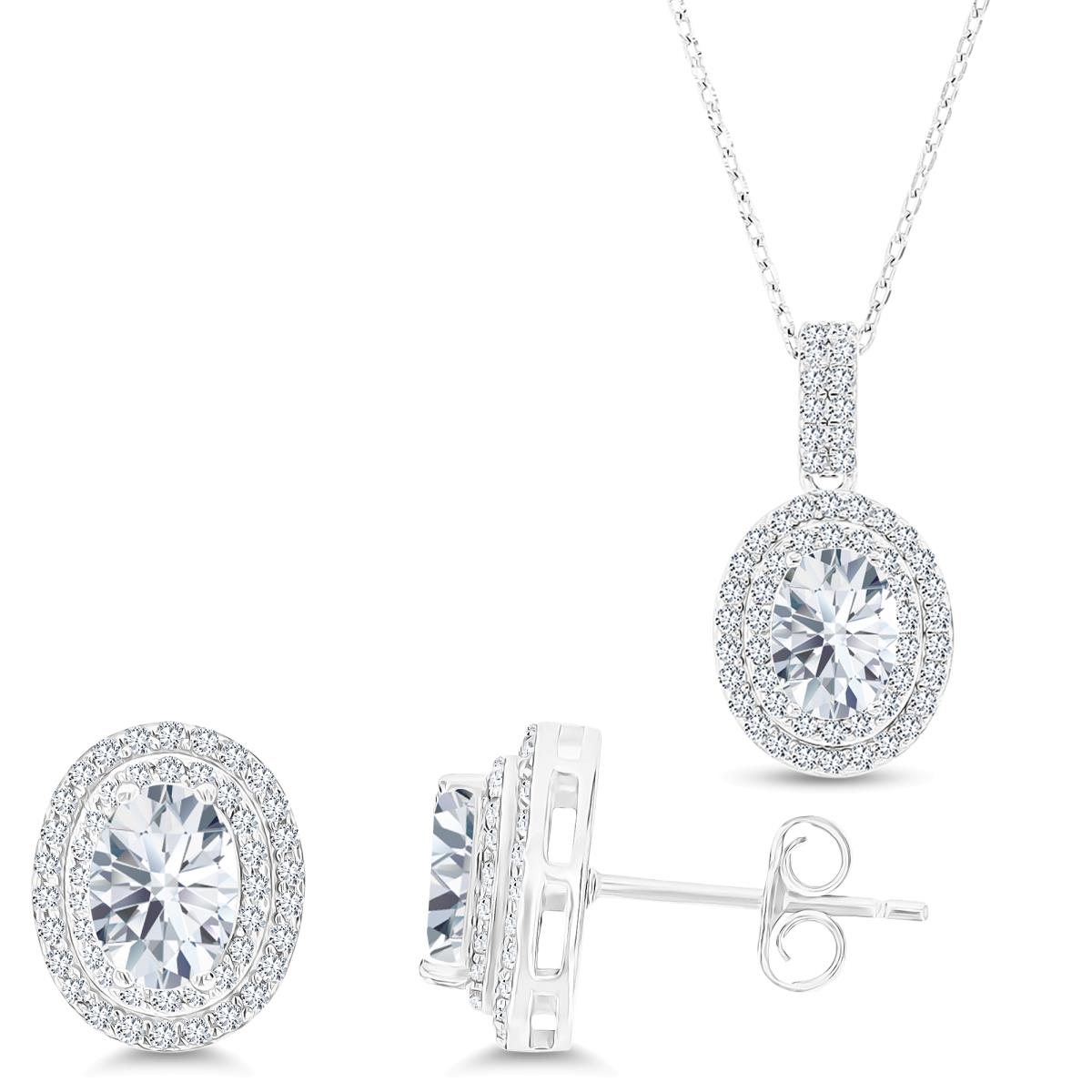Sterling Silver Rhodium Oval White Topaz/Cr White Sapphire Halo 16''+2'' Necklace & Earring Set