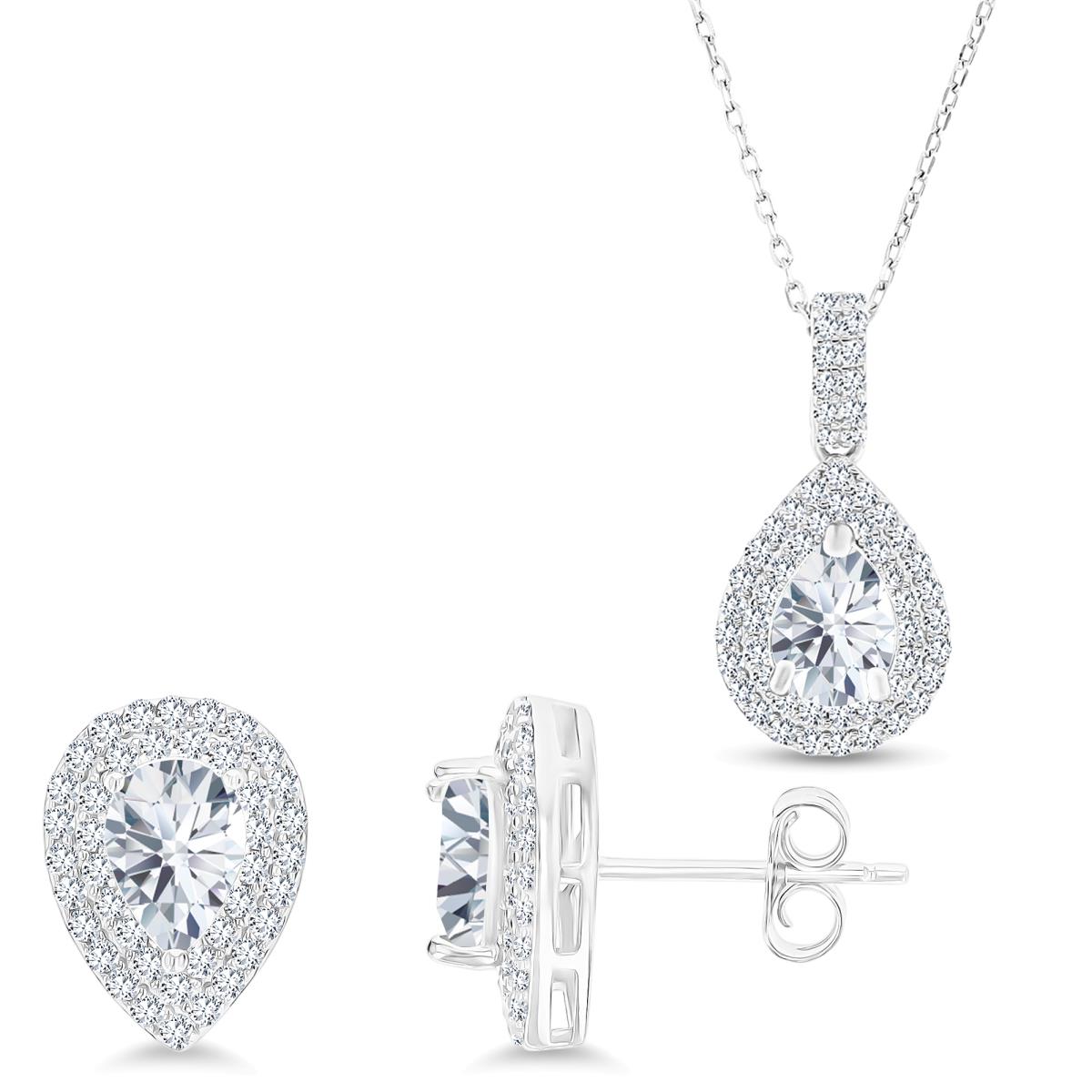 Sterling Silver Rhodium Ps White Topaz/ Cr White Sapphire Halo 16''+2'' Necklace & Earring Set 