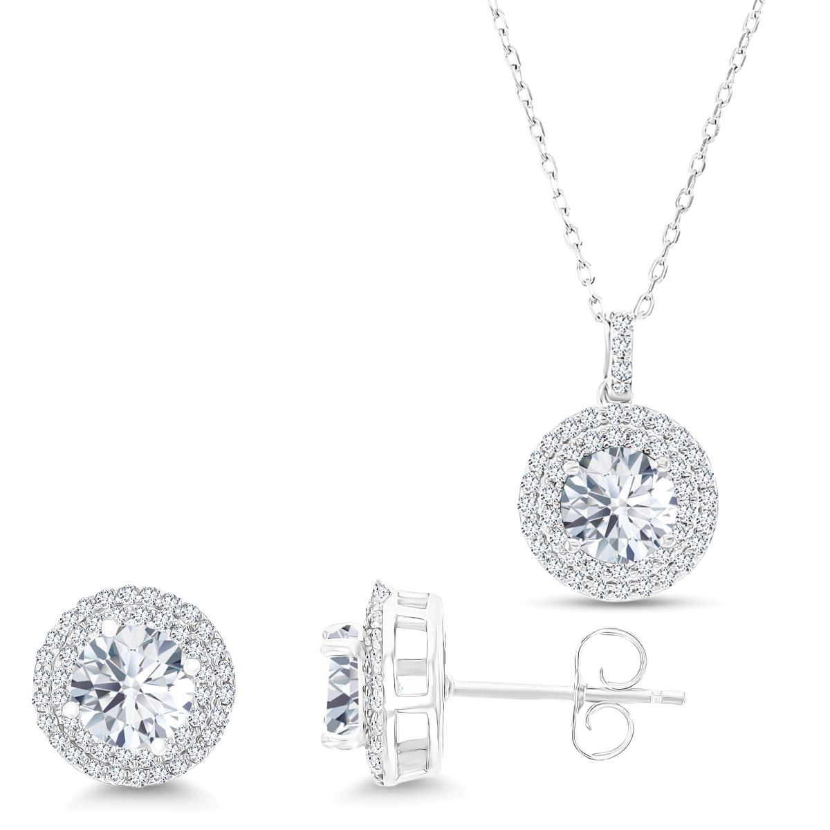 Sterling Silver Rhodium Rd White Topaz/Cr White Sapphire Halo 16''+2'' Necklace & Earring Set