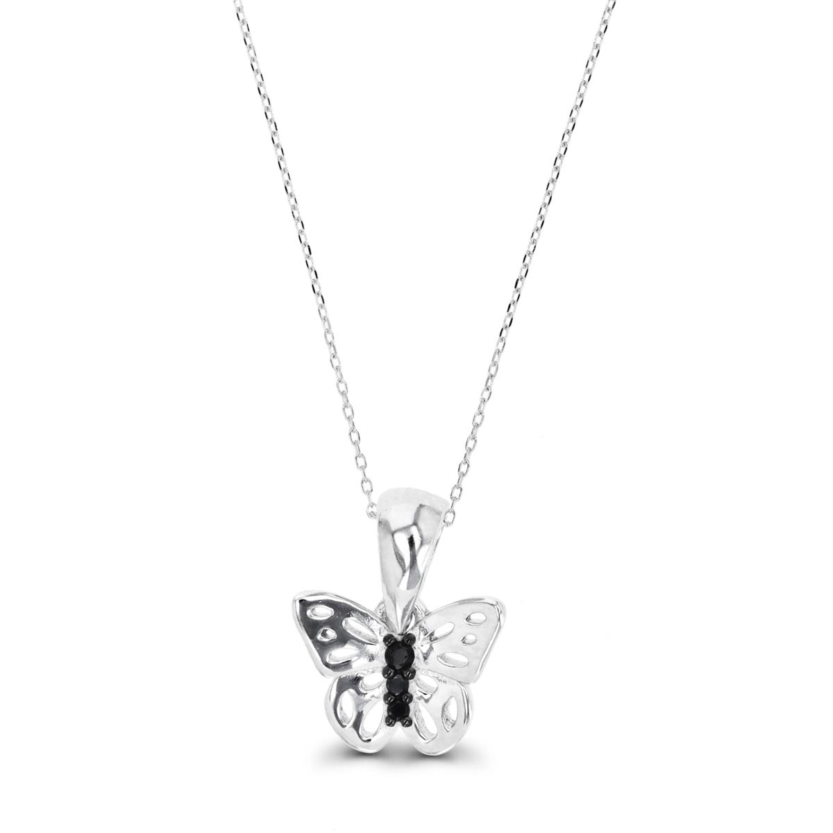 Sterling Silver Rhodium and Black & Black Spinel Butterfly 16+2" Necklace