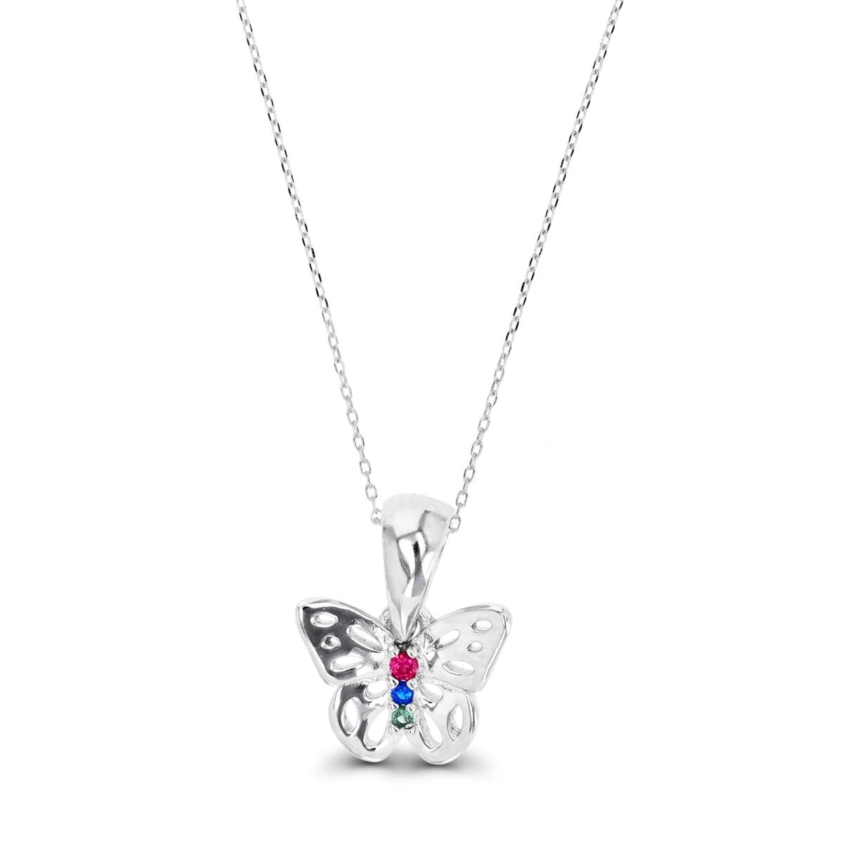 Sterling Silver Rhodium & Multicolor Butterfly 16+2" Necklace