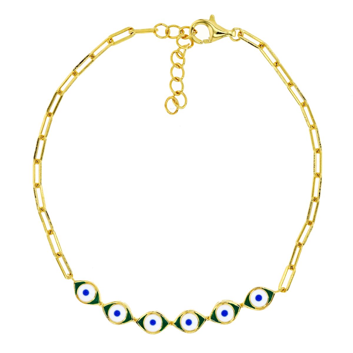 Sterling Silver Yellow 1M & Enamel Evil Eye and Paperclip Chain 7+1" Bracelet